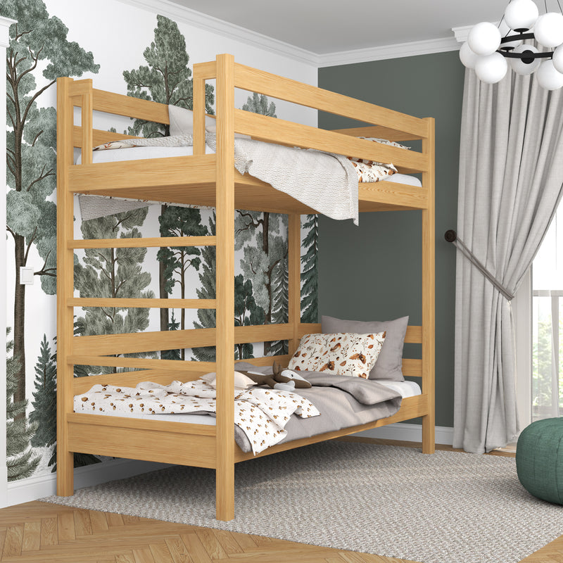 Drewniane łóżko piętrowe N03 sosna naturalna – widok ogólny, lite drewno sosnowe