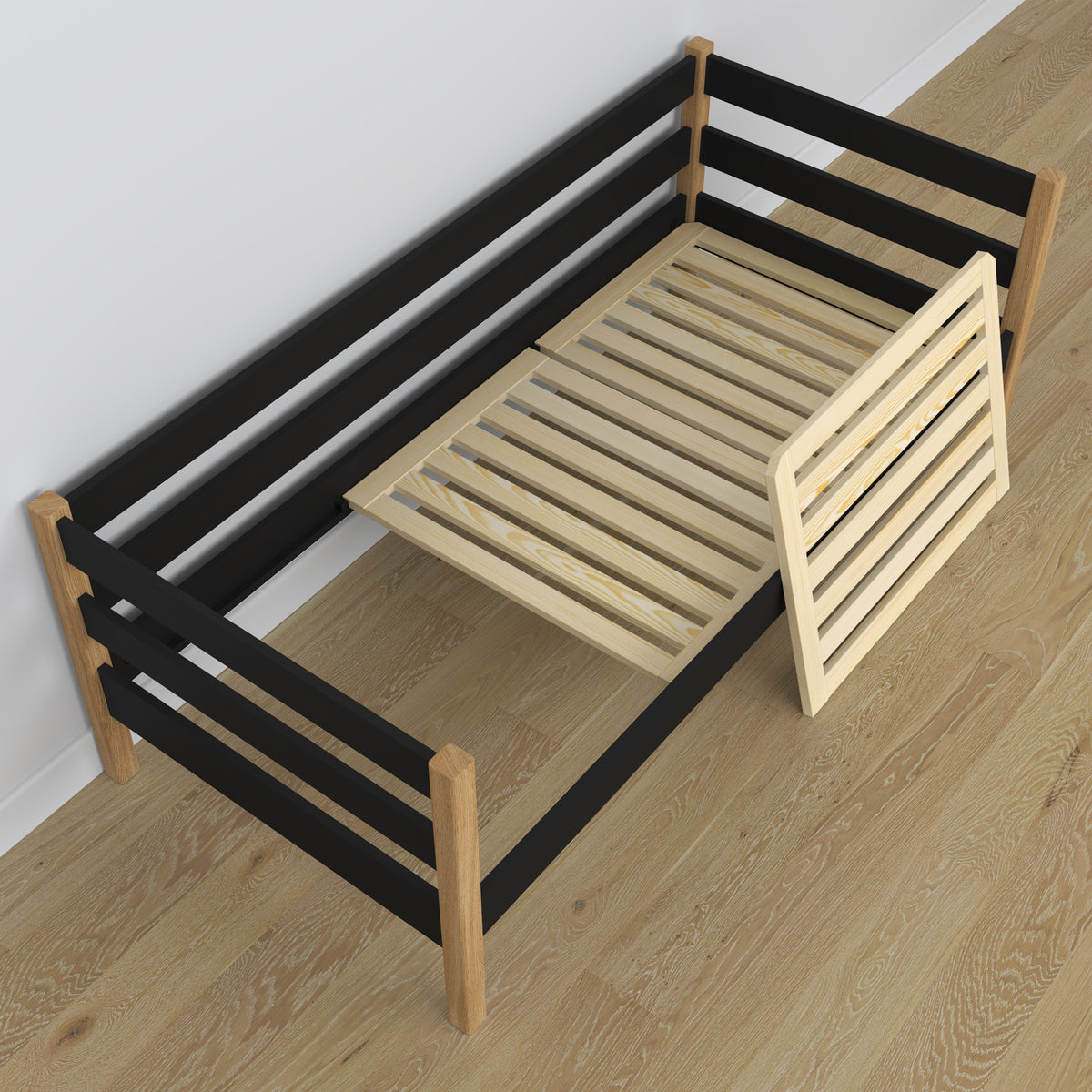 Łóżko sofa z szufladą na materac czarno-dębowy z drewna – wymiary, Nizio