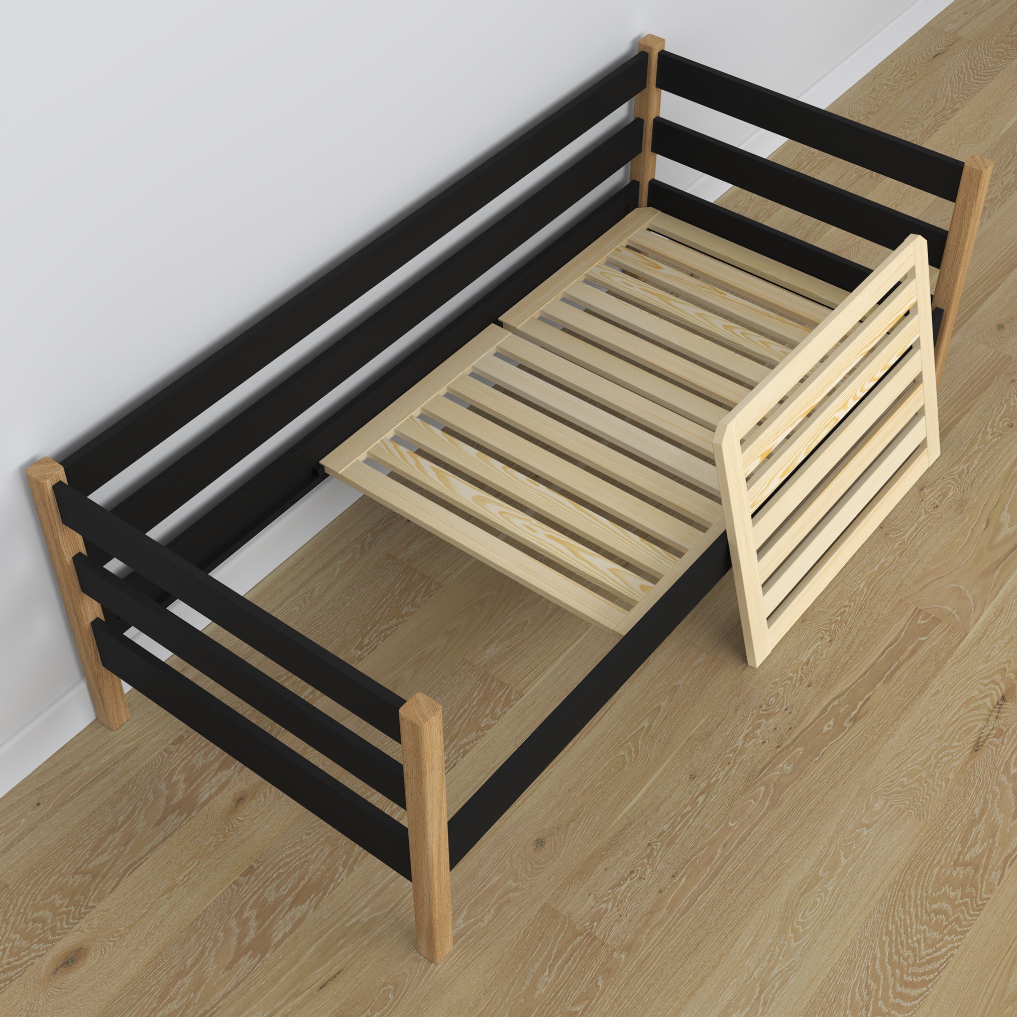 Łóżko sofa z szufladą na materac czarno-dębowy z drewna – wymiary, Nizio