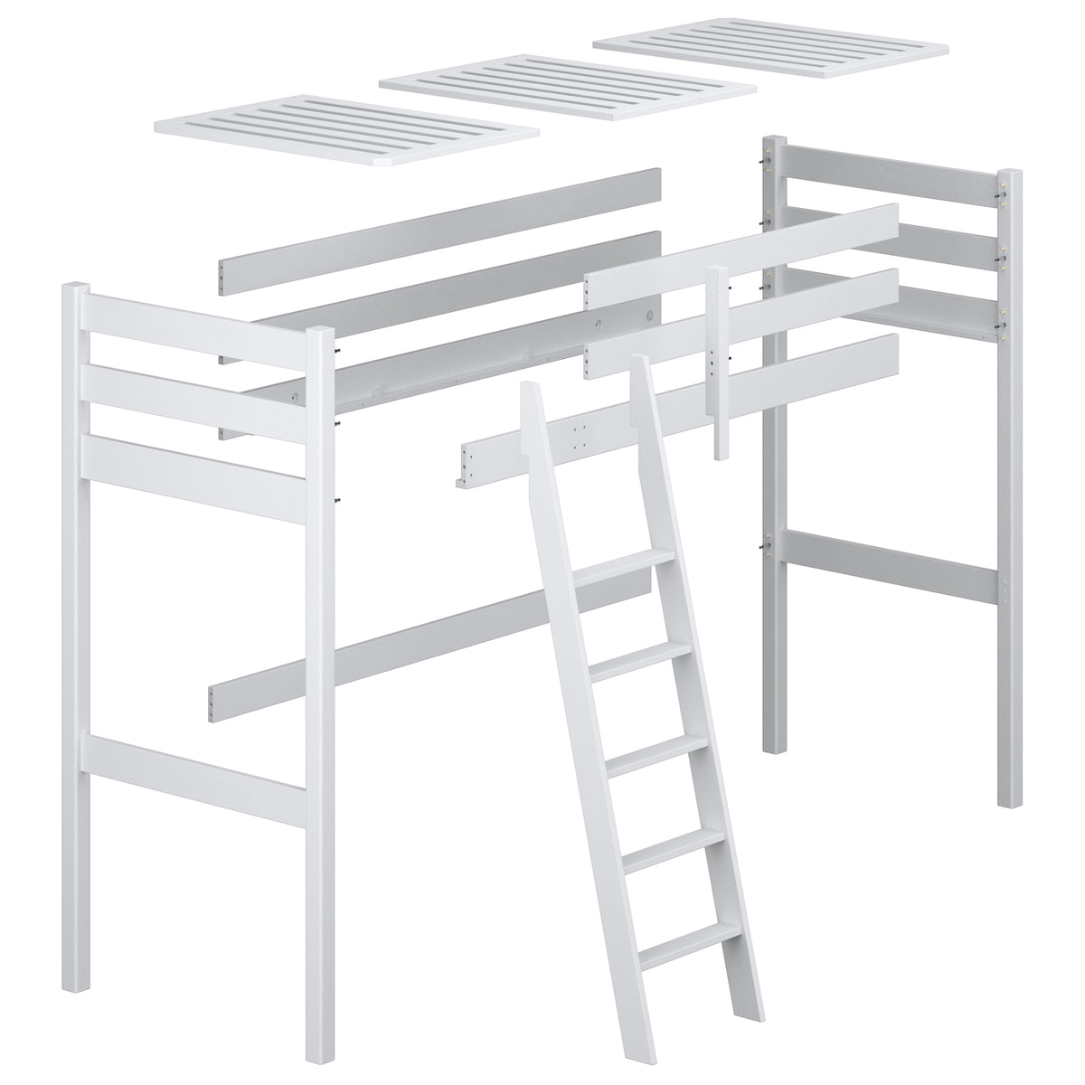 Loft bed white – wooden posts and joints, close-up on quality