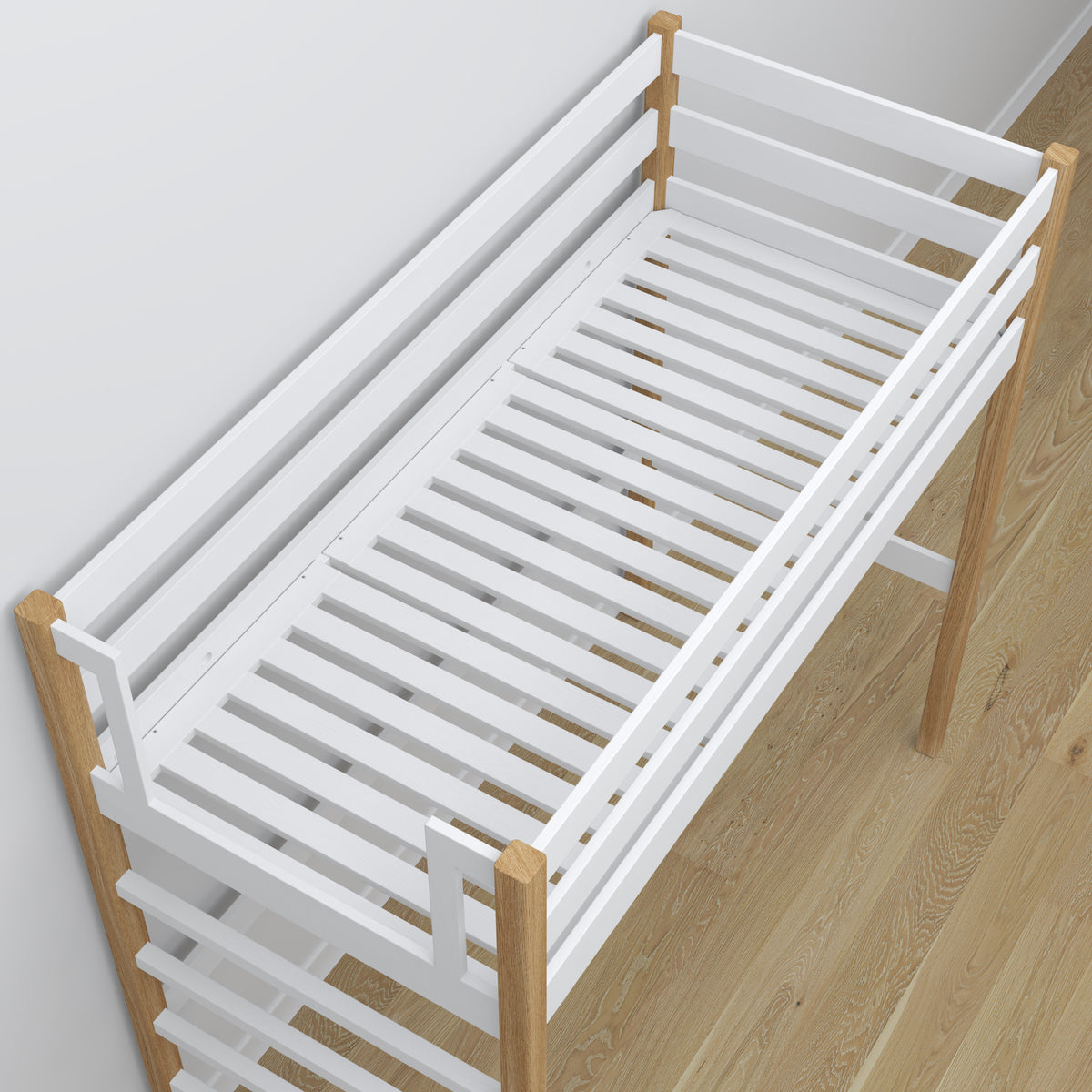 White and Oak Wooden Loft Bed – Ladder and Joint Details, Nizio Home