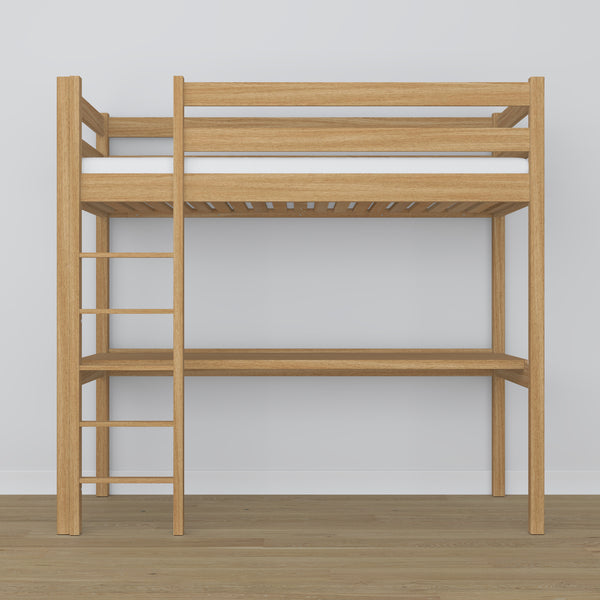 Loft bed natural oak with desk – study space under the sleeping area, oak