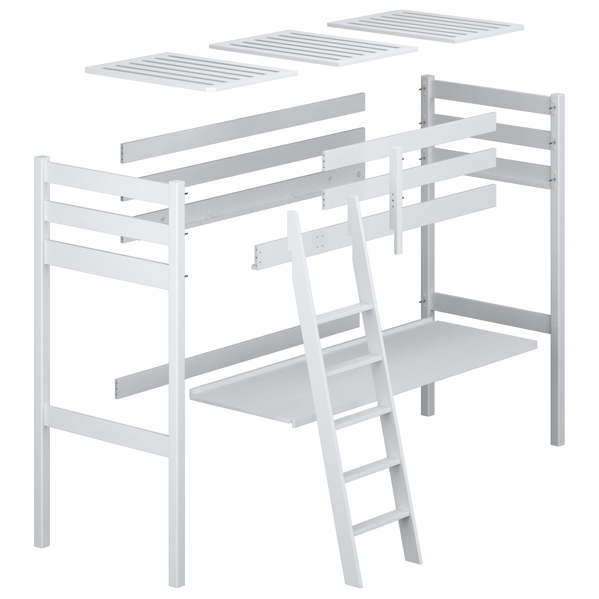 Loft bed natural pine with desk – tabletop and wooden joints, close-up