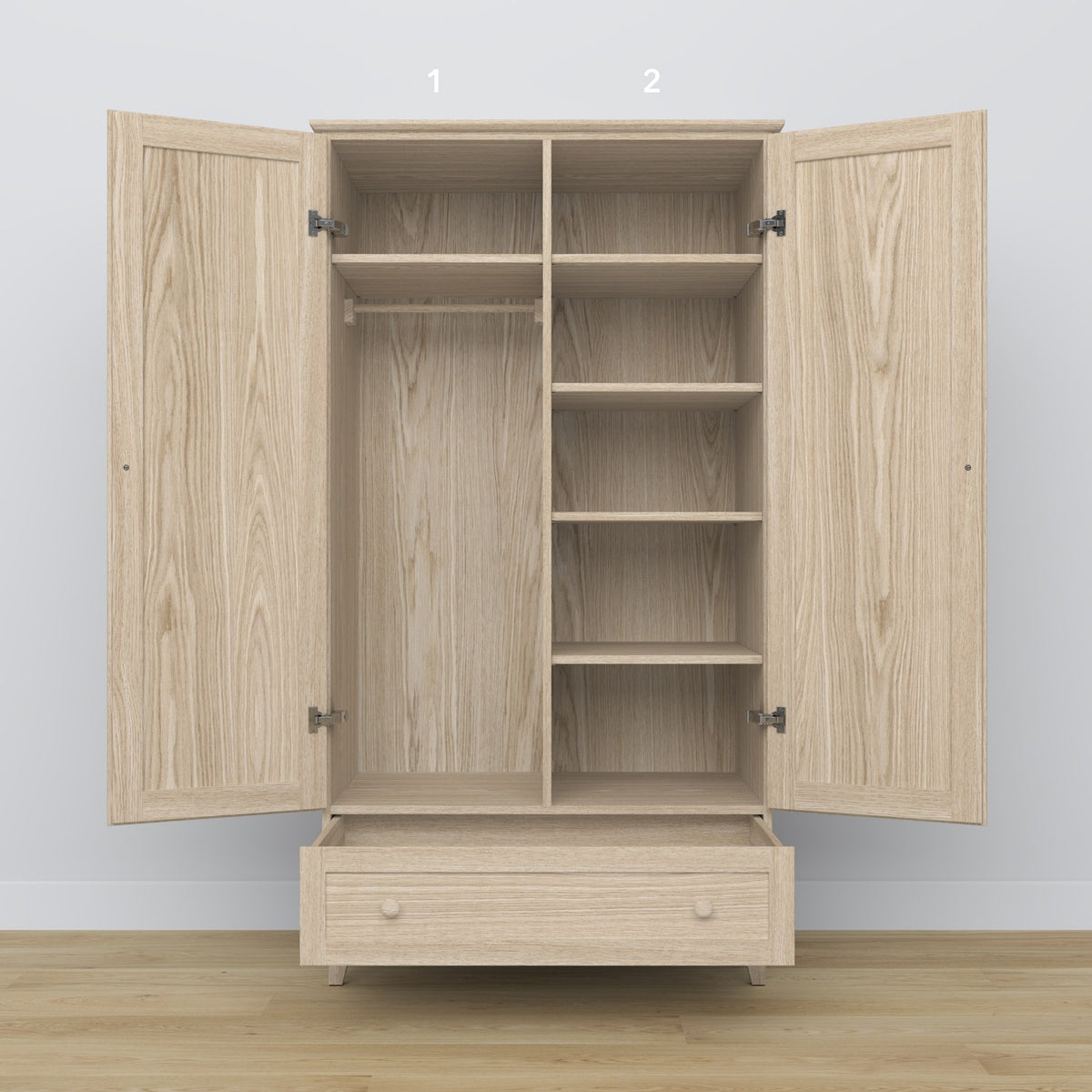 Wardrobe 2D1S bleached oak – open drawer, spacious storage compartment, oak wood