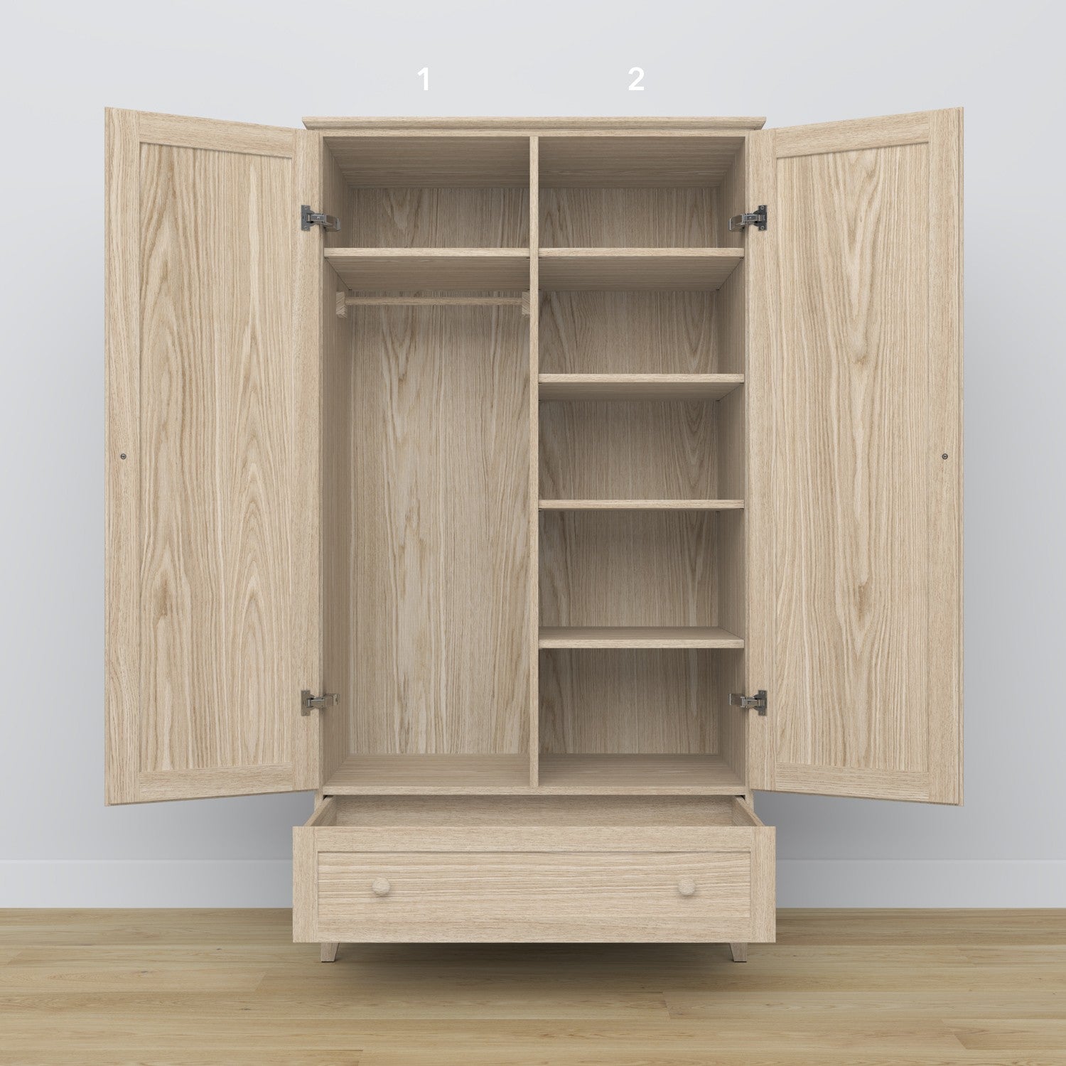 Wardrobe 2D1S bleached oak – open drawer, spacious storage compartment, oak wood