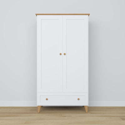 2-door wardrobe with drawer wooden white with oak – bedroom, Scandinavian style