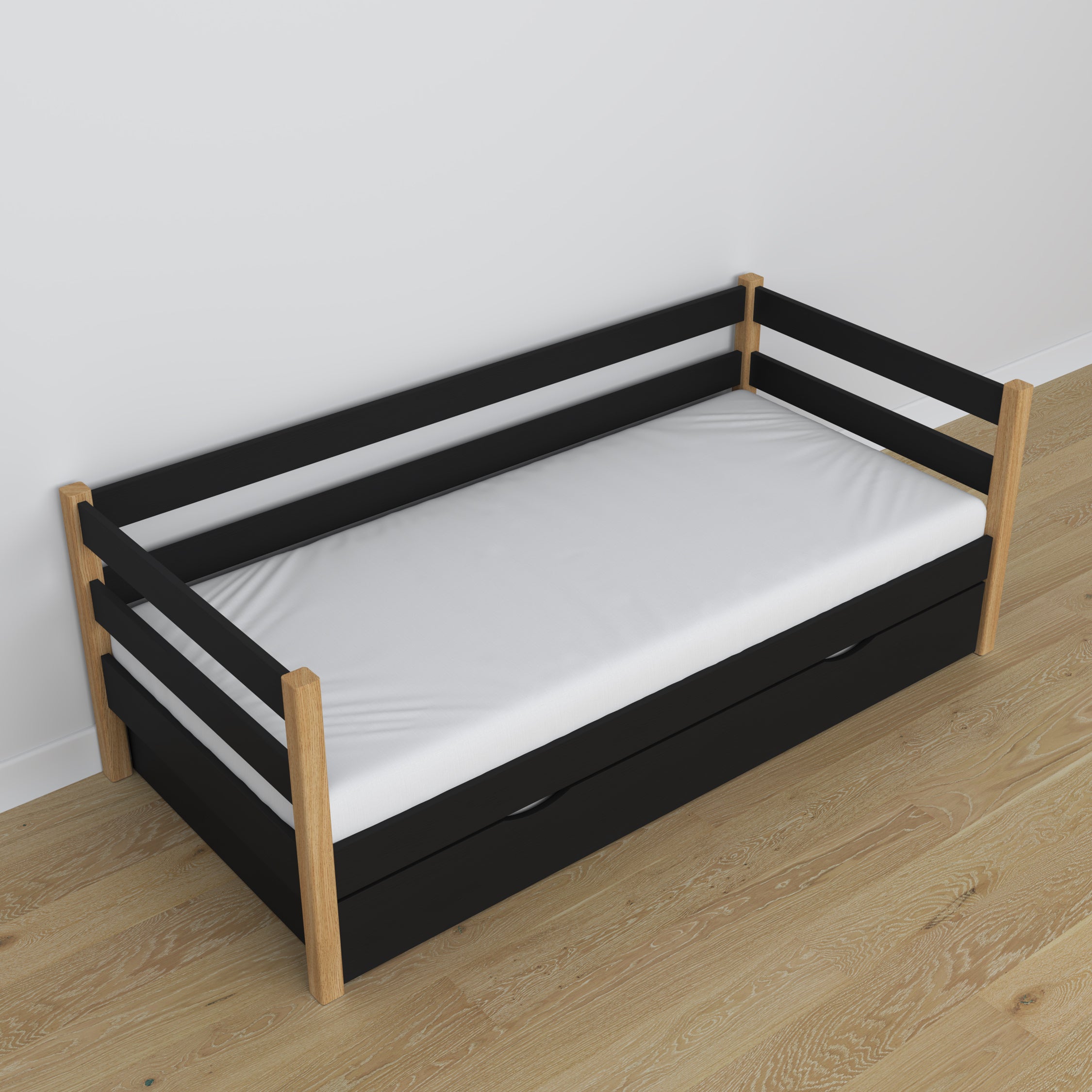 Łóżko sofa z szufladą drewniane czarno-dębowy – aranżacja pokoju dziecięcego scandi