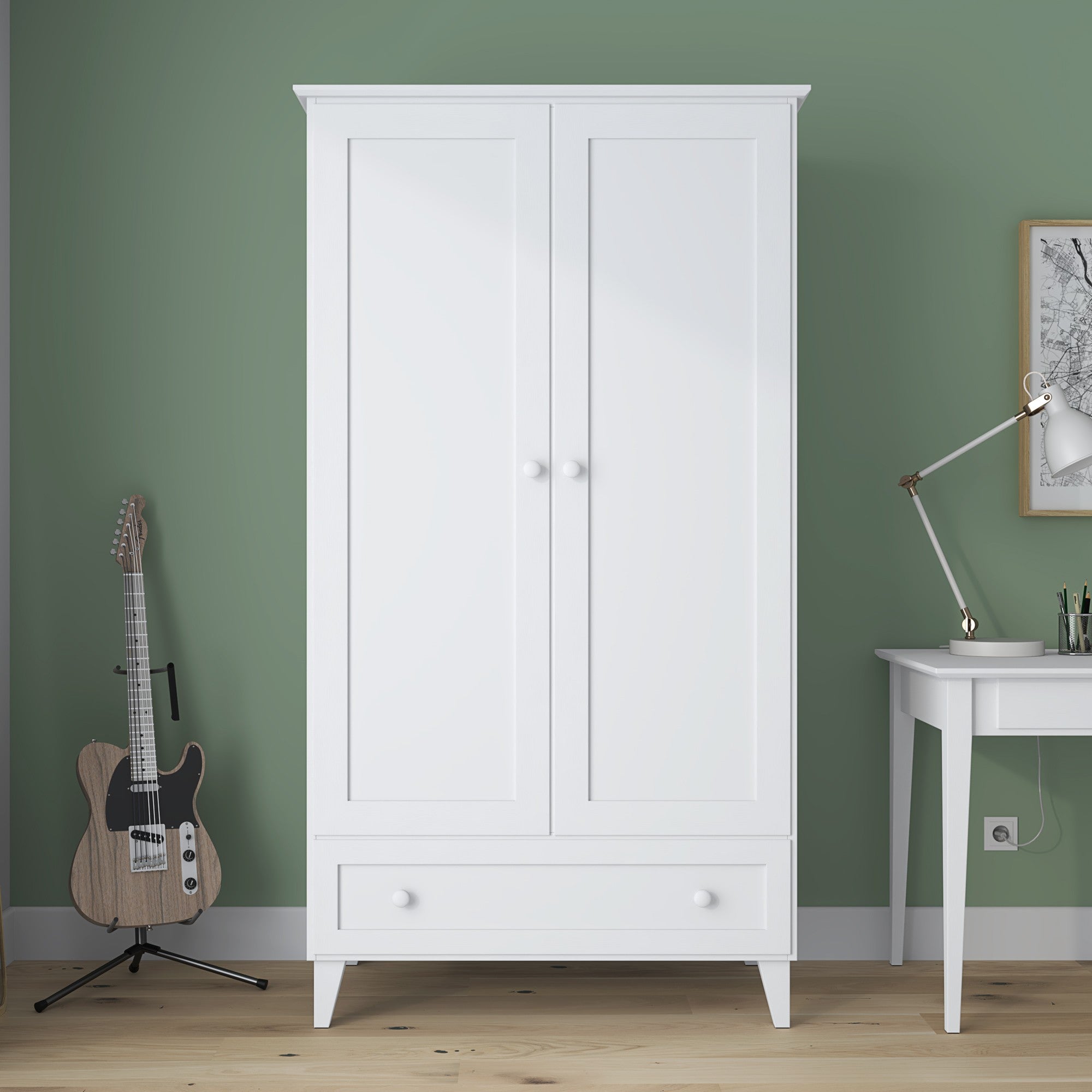 Wardrobe 2D1S white – wooden, closed doors, front view, Nizio