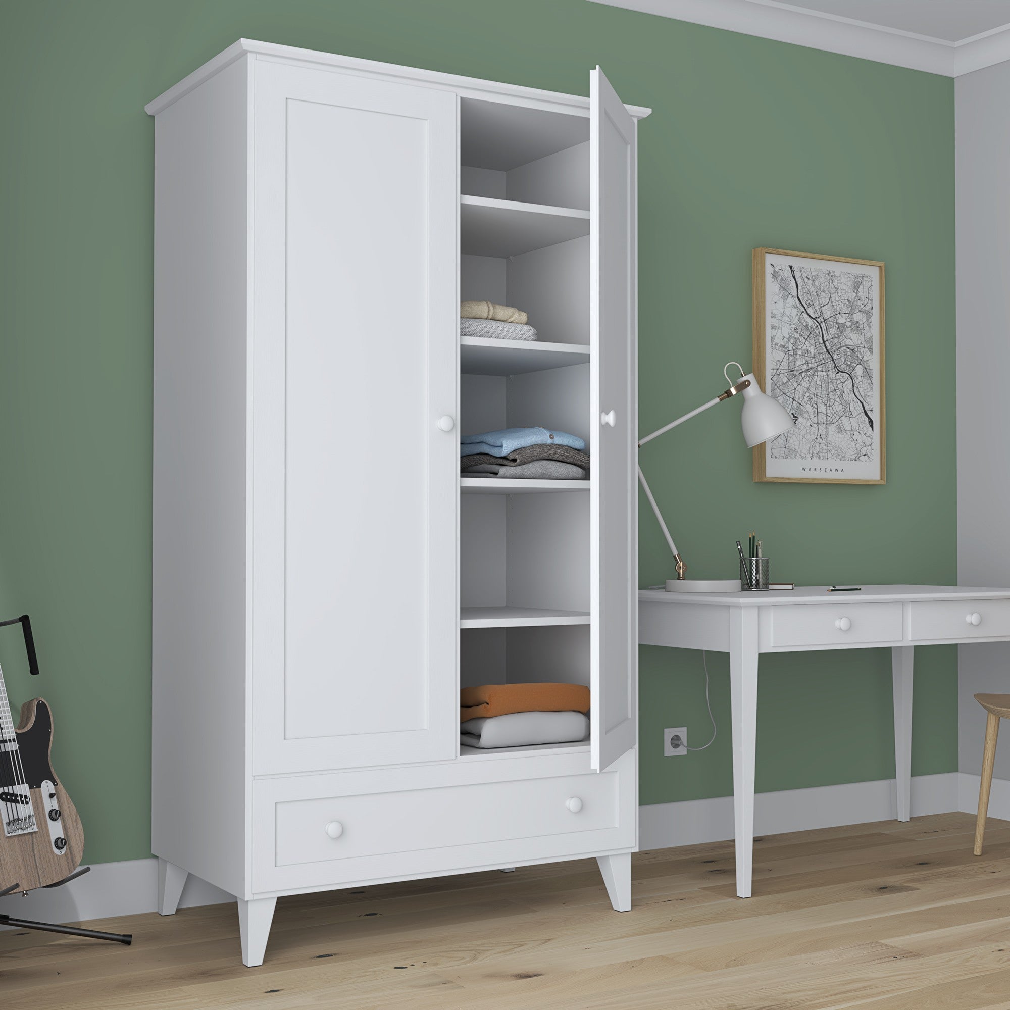 Wardrobe 2D1S wooden white – open doors, hanging rail and internal shelves