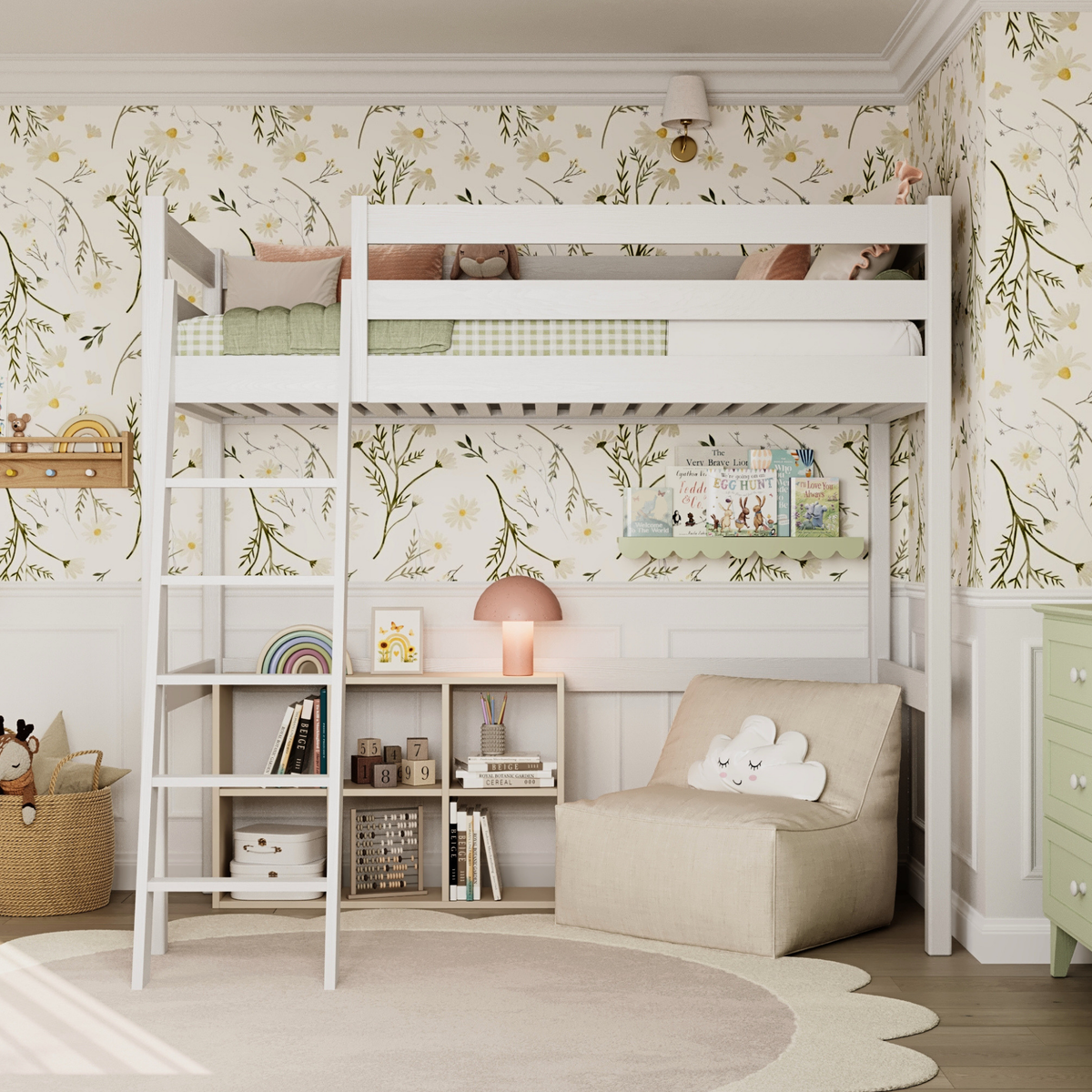 Loft bed white – wooden ladder and safety rail, Nizio Home