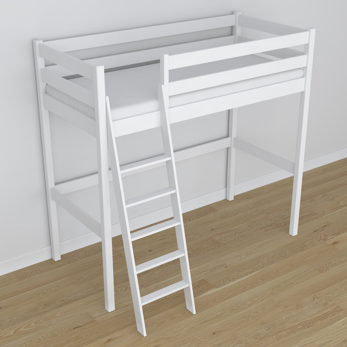 Loft bed white – wooden posts and joints, close-up on quality