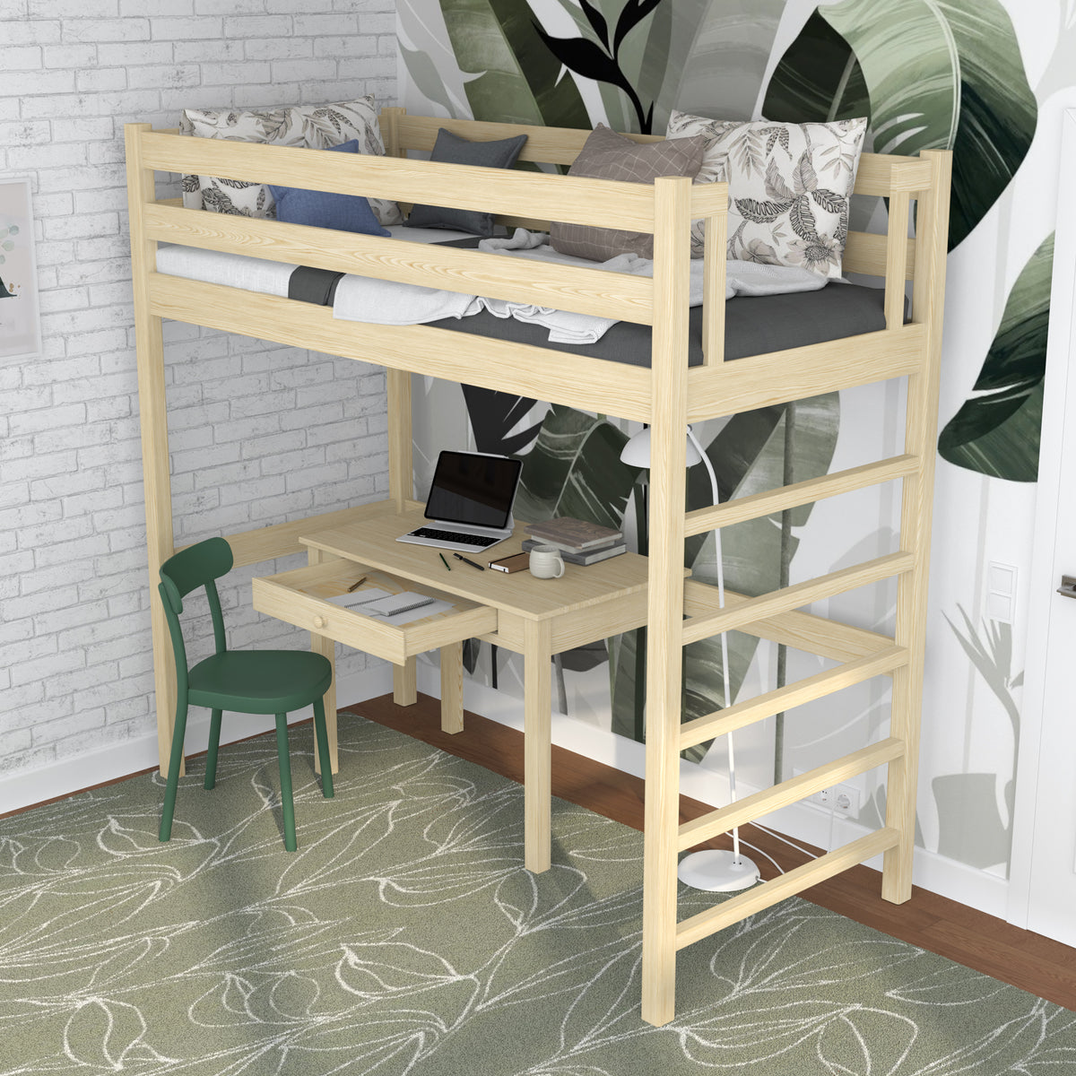 Clear Pine Wooden Loft Bed – Free Space Under the Sleeping Area, Nizio
