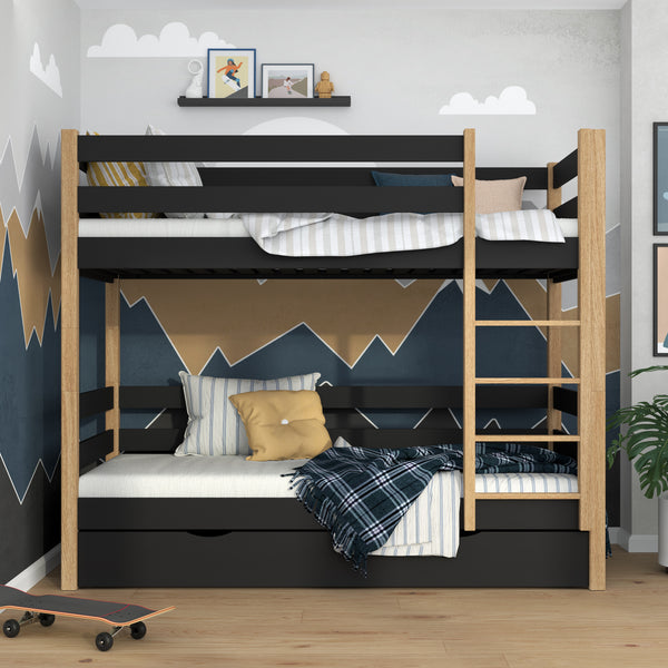 Black and Oak Bunk Bed with Drawer – Wooden Safety Rail and Ladder, Nizio