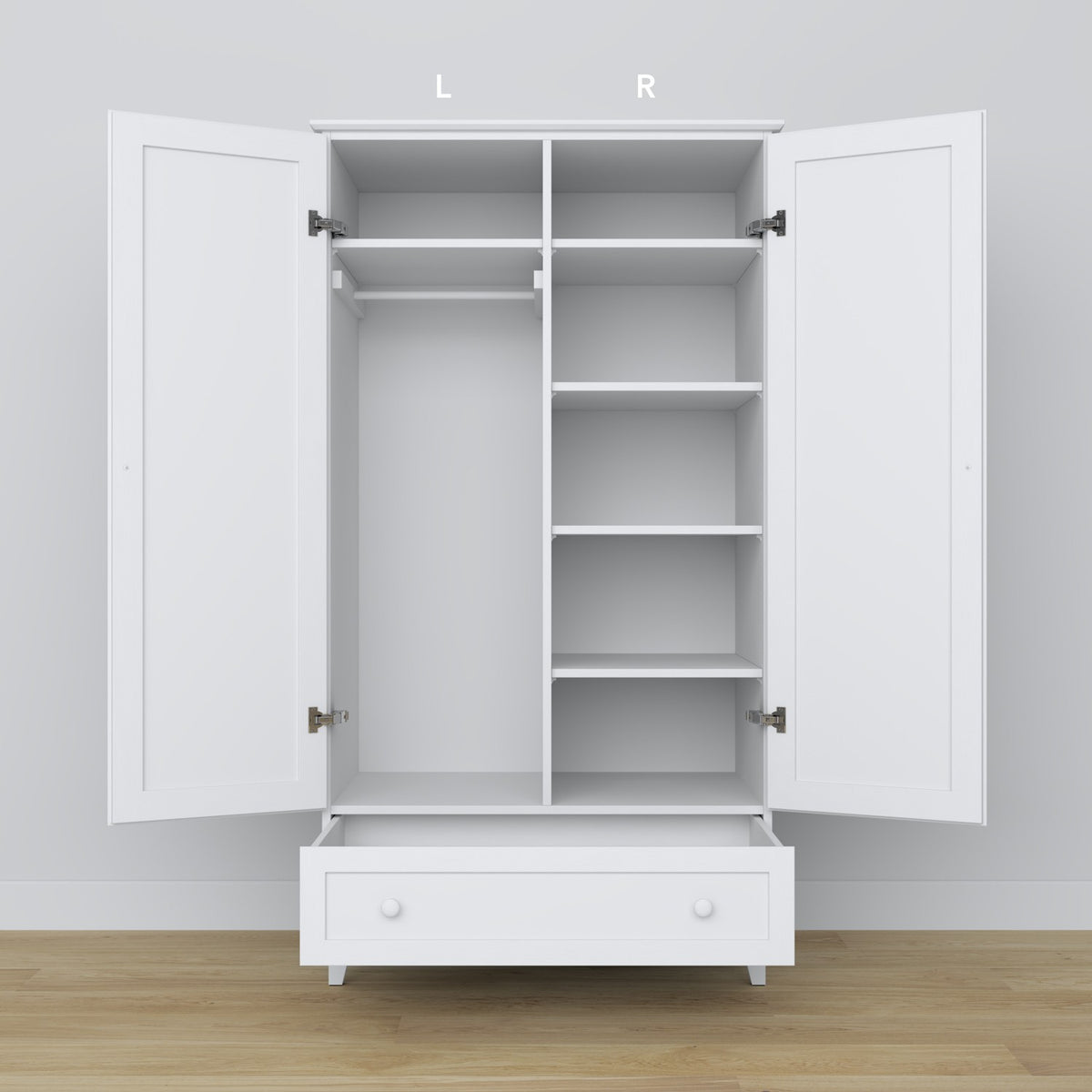 Wardrobe 2D1S white – open drawer, spacious storage compartment, wooden