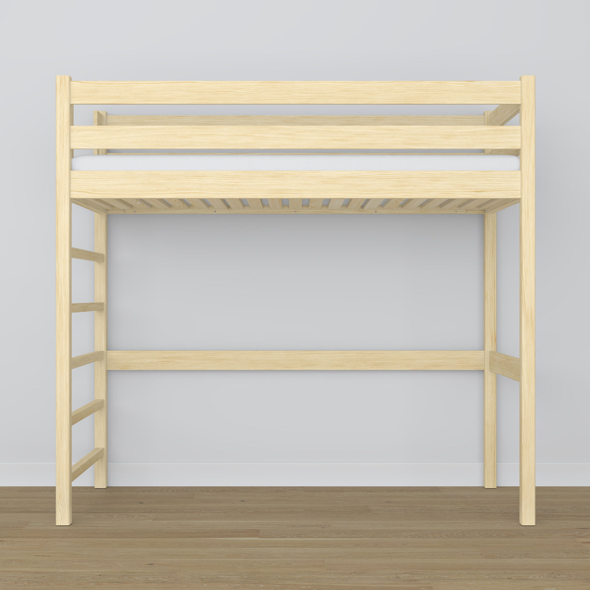 Loft bed clear pine wooden – top view of the sleeping area