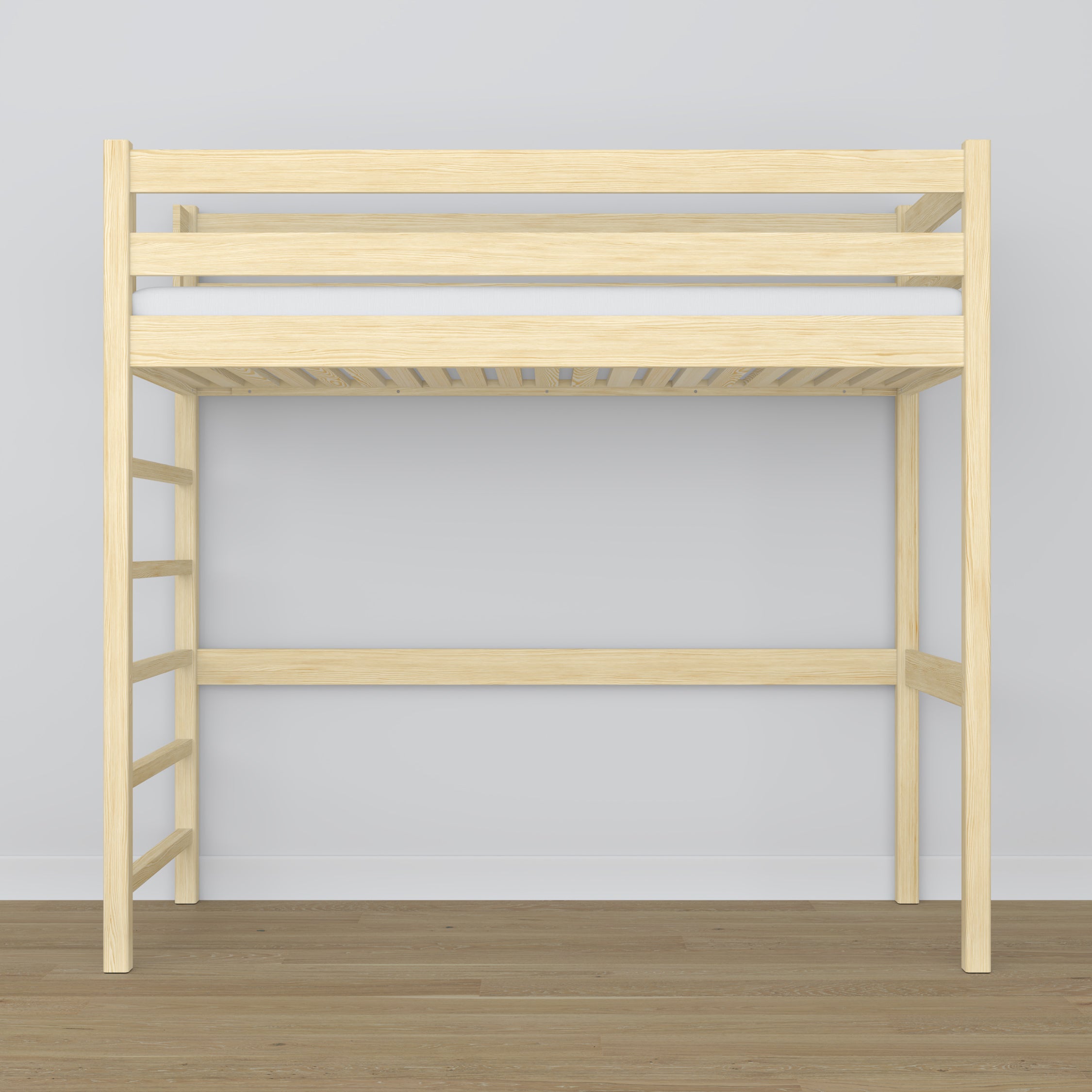 Loft bed clear pine wooden – top view of the sleeping area