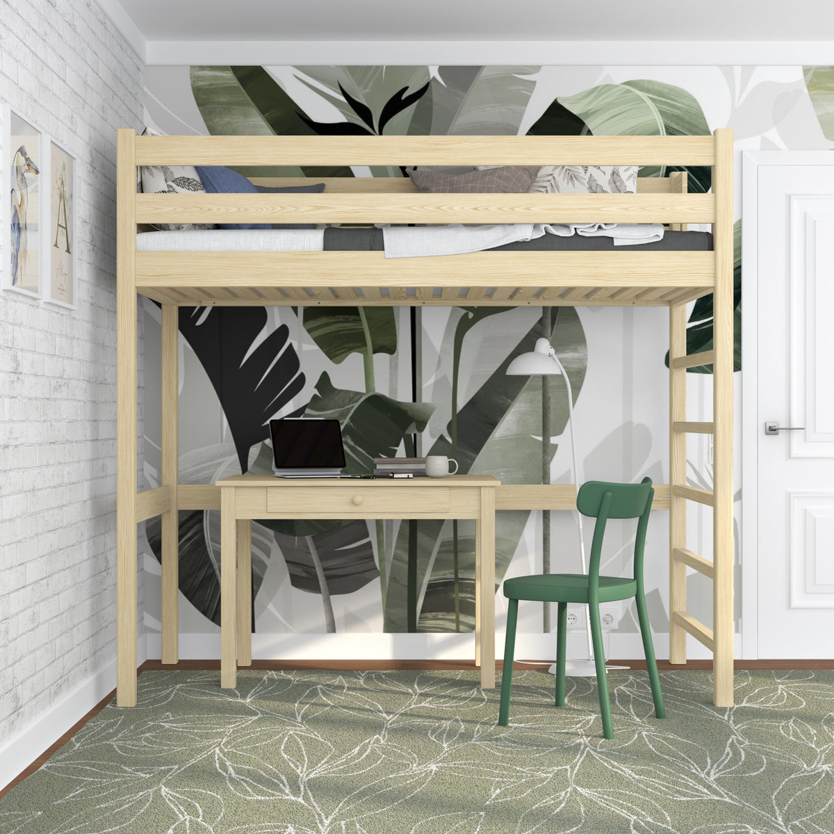 Loft bed clear pine – wooden ladder and safety rail, Nizio Home