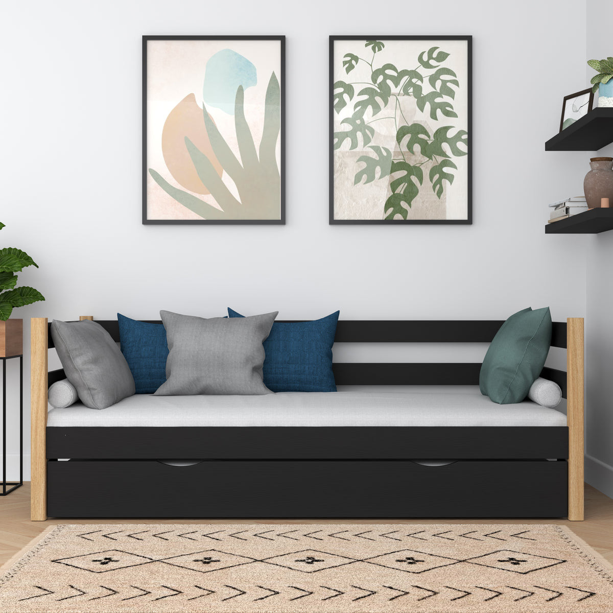 Łóżko sofa czarno-dębowy – boczna bariera drewniane, widok boczny, Nizio
