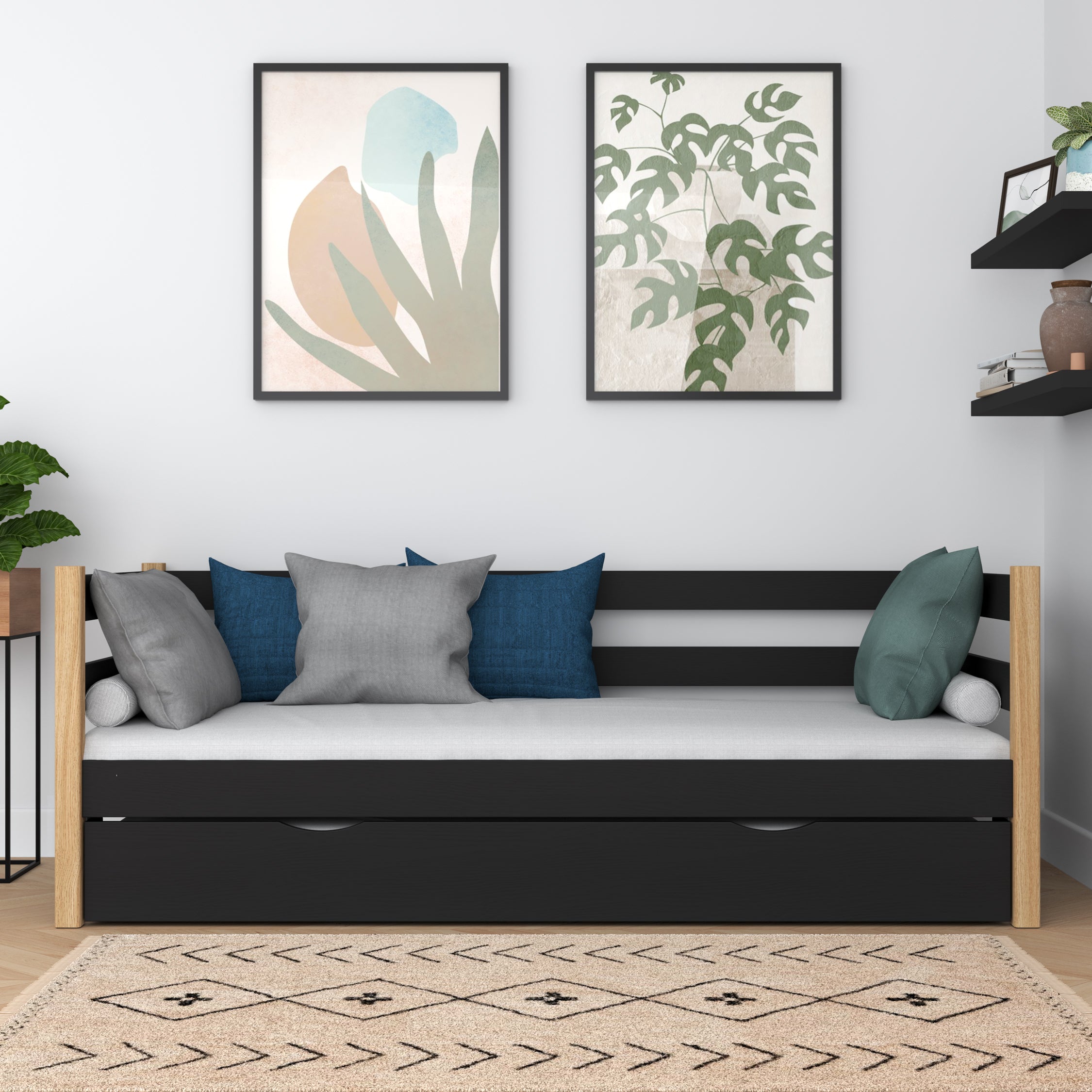 Łóżko sofa czarno-dębowy – boczna bariera drewniane, widok boczny, Nizio