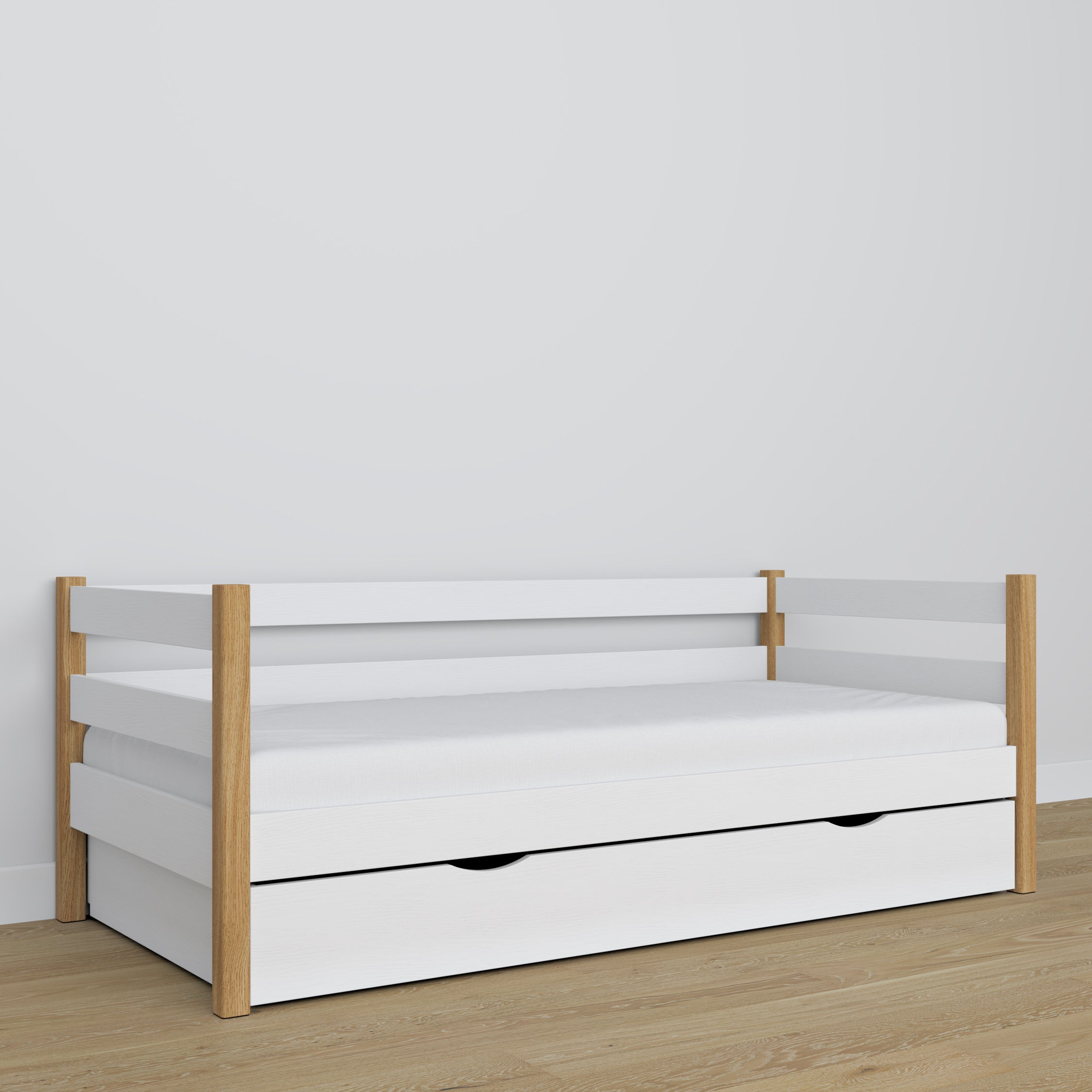 Łóżko sofa z szufladą N01 biało dębowy – widok z innej perspektywy, solidne drewno