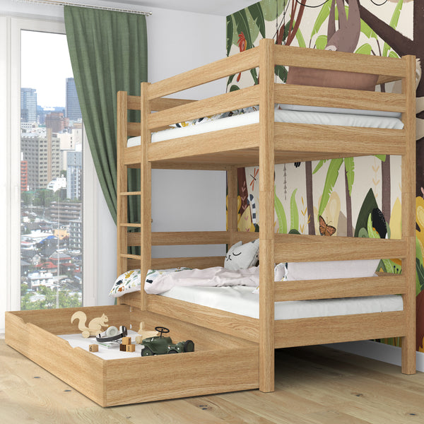Natural Oak Bunk Bed with Drawer – Oak Safety Rail and Ladder, Nizio