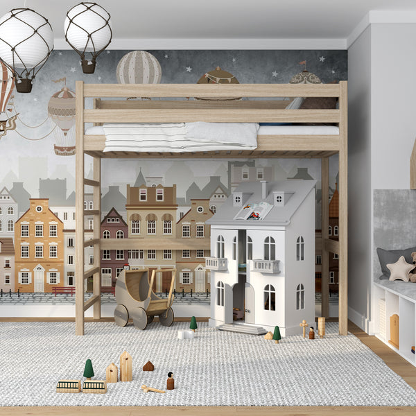 Dębowe łóżko na antresoli N01 dąb bielony – widok ogólny