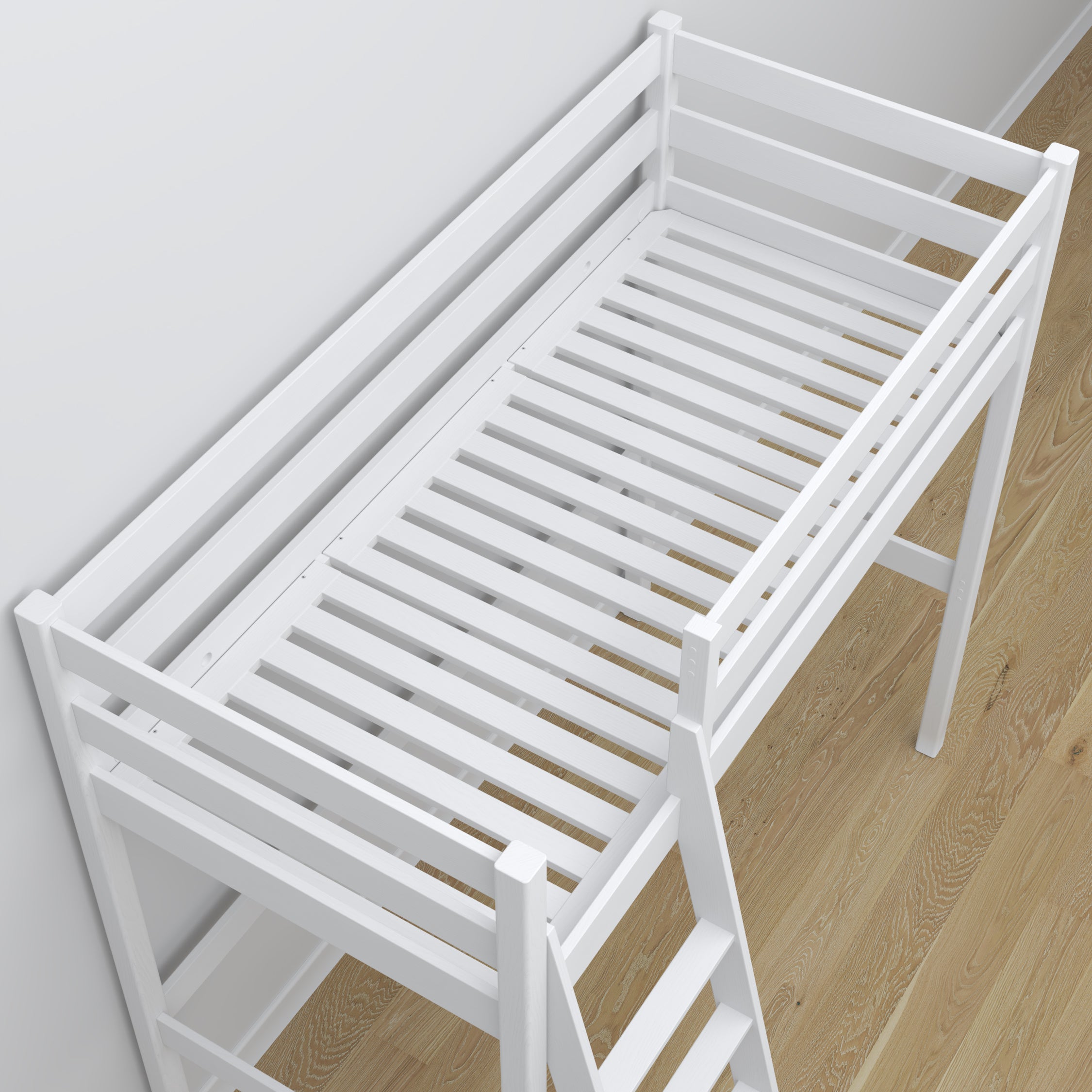 White Wooden Loft Bed – Slatted Frame, Side View