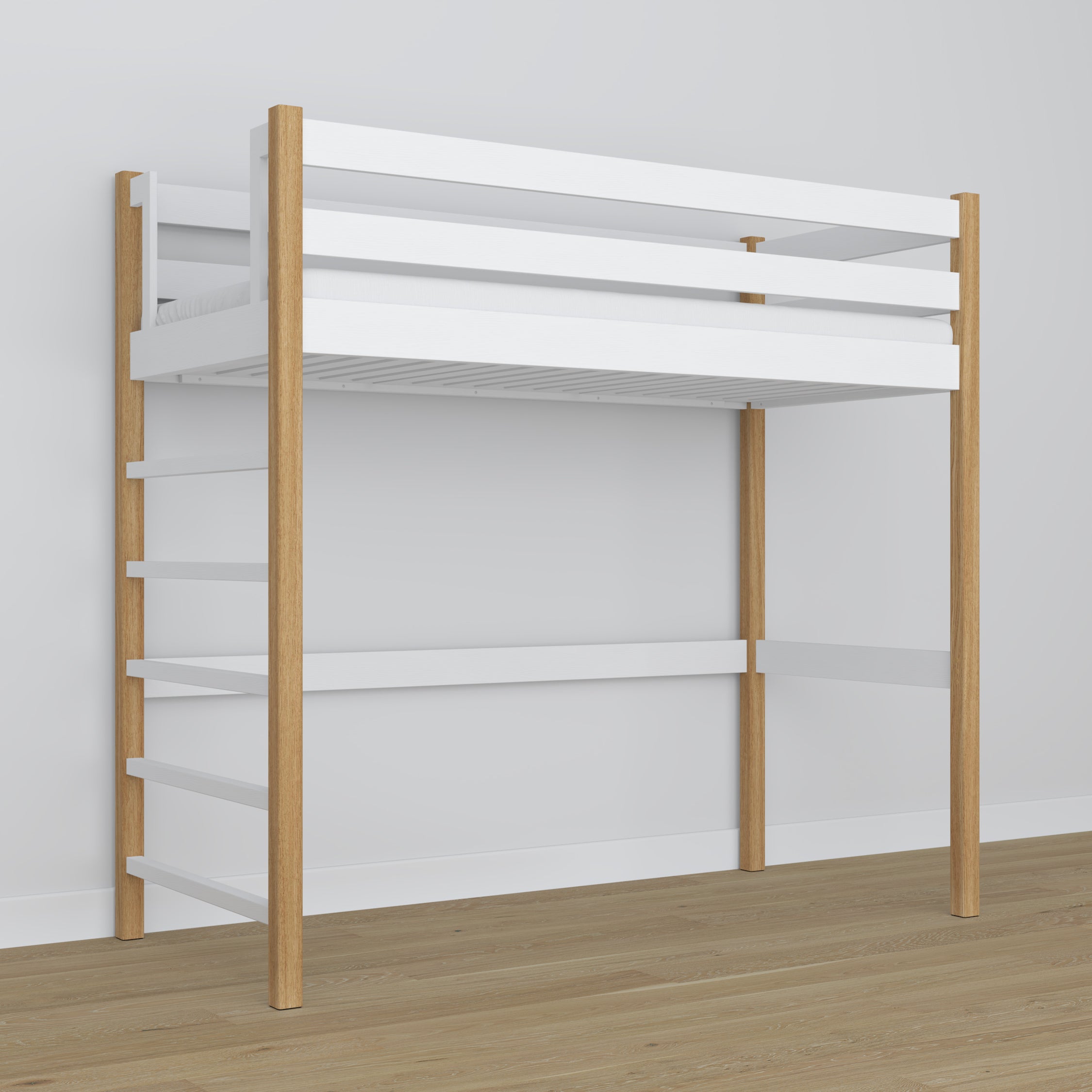 White and Oak Wooden Loft Bed – Slatted Frame, Side View