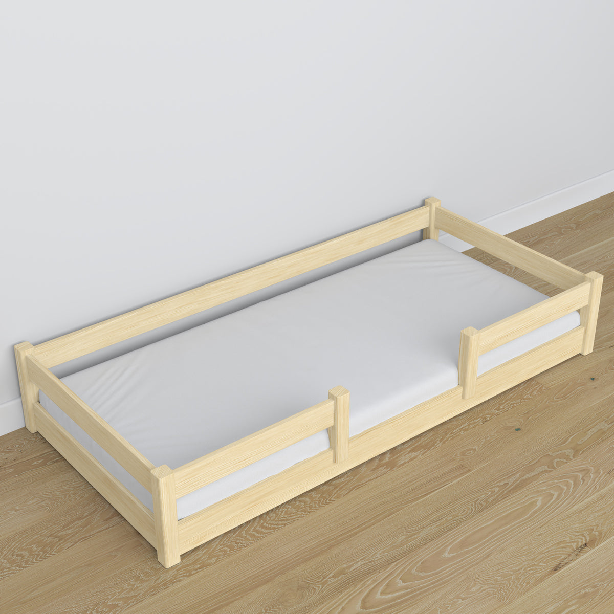 Low Wooden Clear Pine Bed – Low Frame, Side View, Scandi Bedroom
