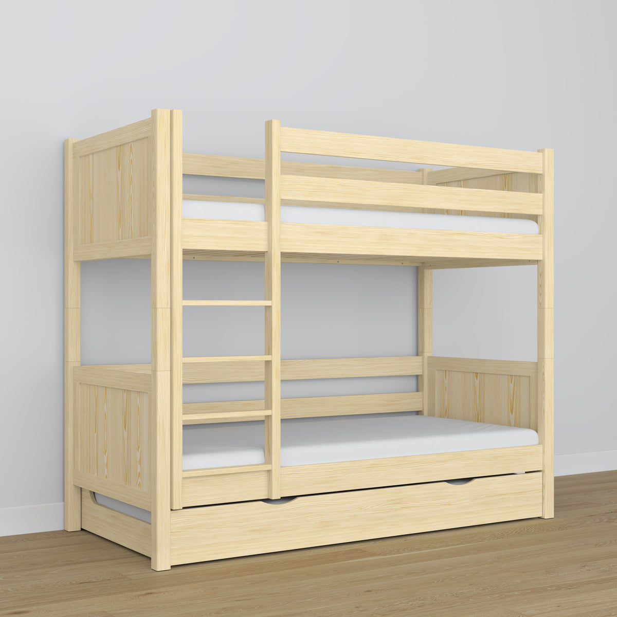 Clear Pine Wooden Bunk Bed – Ladder, Rails, Drawer for Extra Mattress