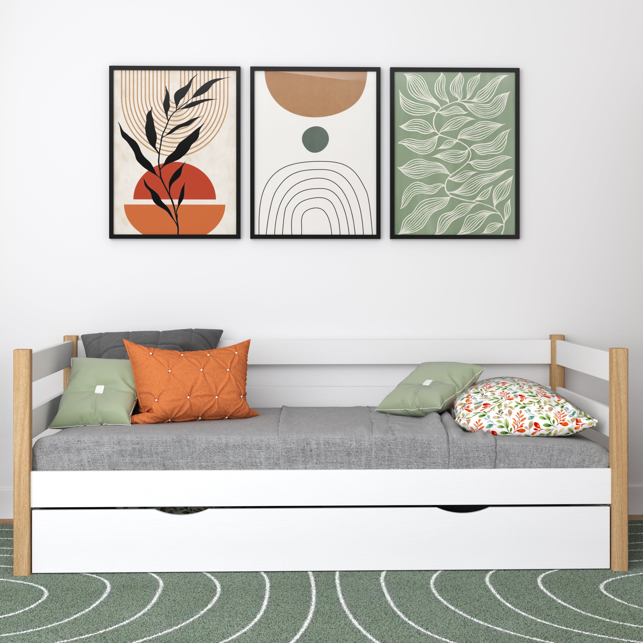 Drewniane łóżko sofa z szufladą N01 biało dębowy – widok ogólny, lite drewno