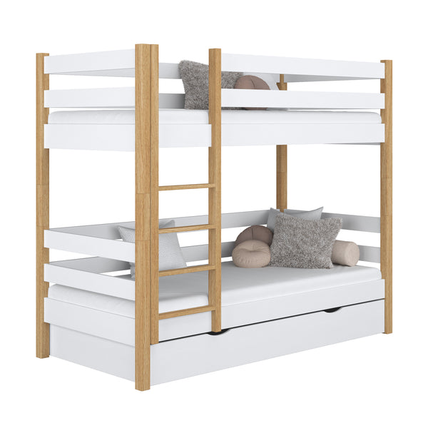 White and Oak Wooden Bunk Bed with Drawer – Children’s Room, Solid Wood, Scandi
