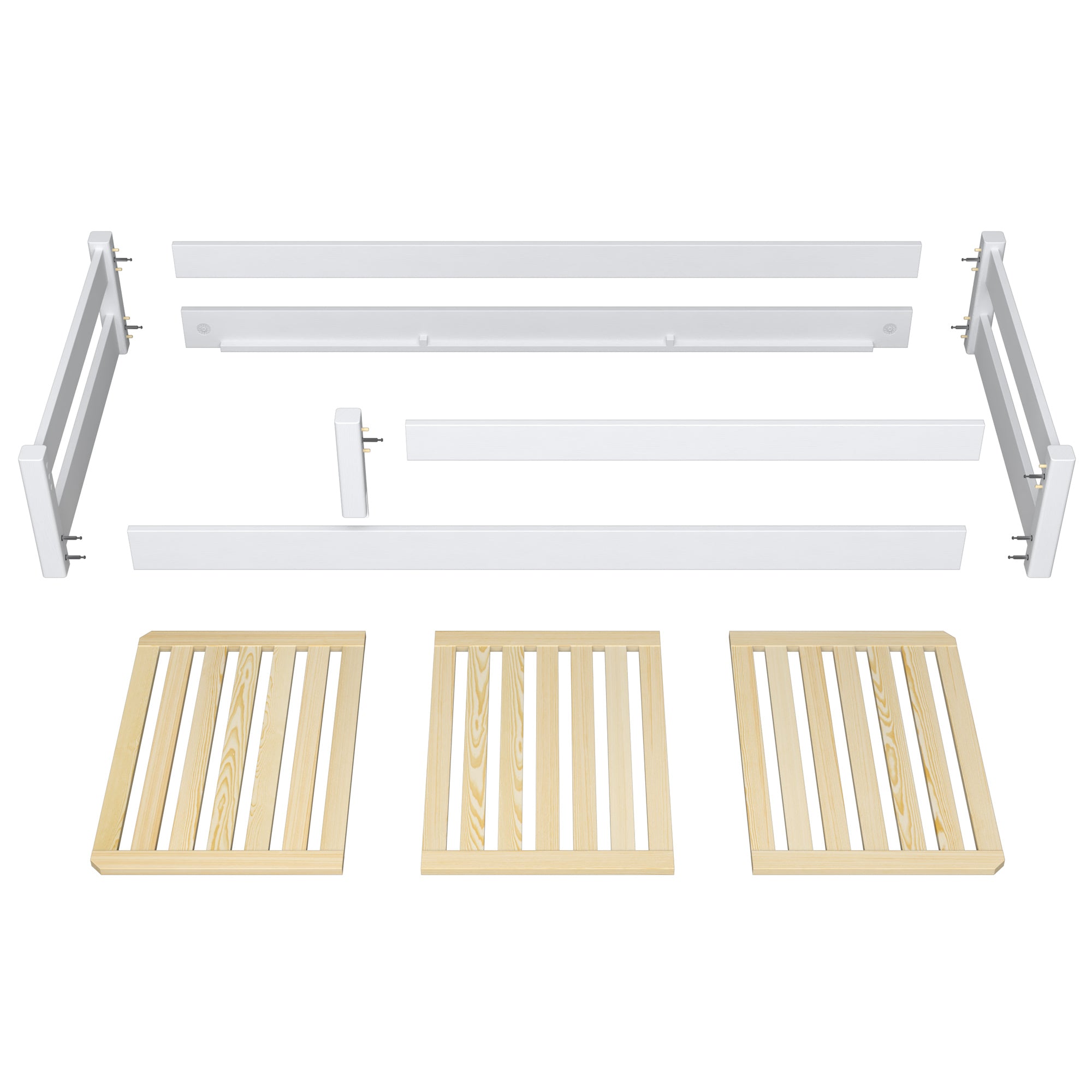 Łóżko niskie drewniane sosna bezbarwna – widok ukośny, sypialnia