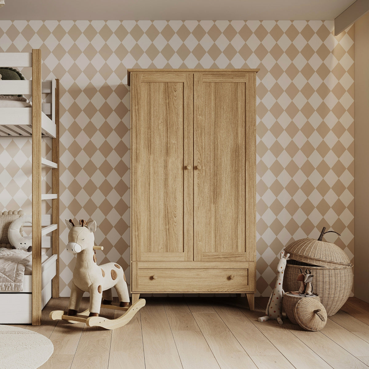 Wardrobe 2D1S natural oak – oak wood, closed doors, front view, Nizio