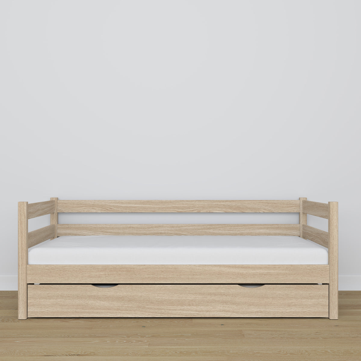 Łóżko sofa z szufladą na materac dąb bielony z dębu – wymiary, Nizio