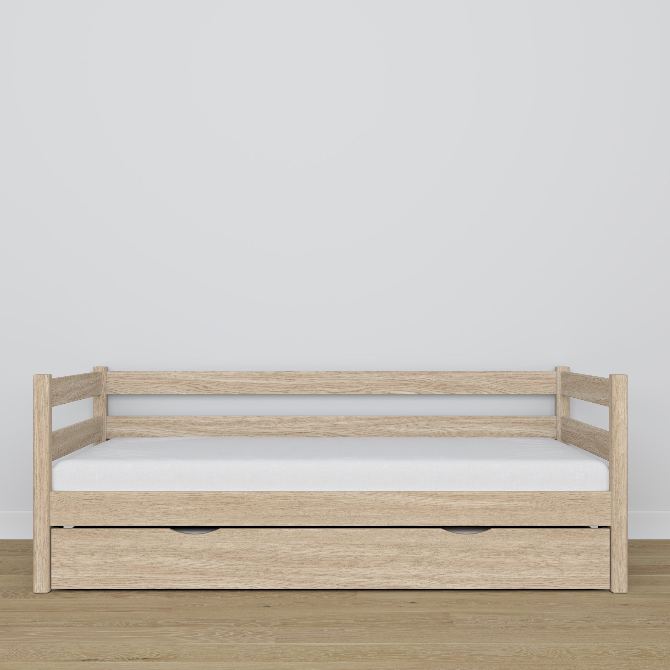 Łóżko sofa z szufladą na materac dąb bielony z dębu – wymiary, Nizio