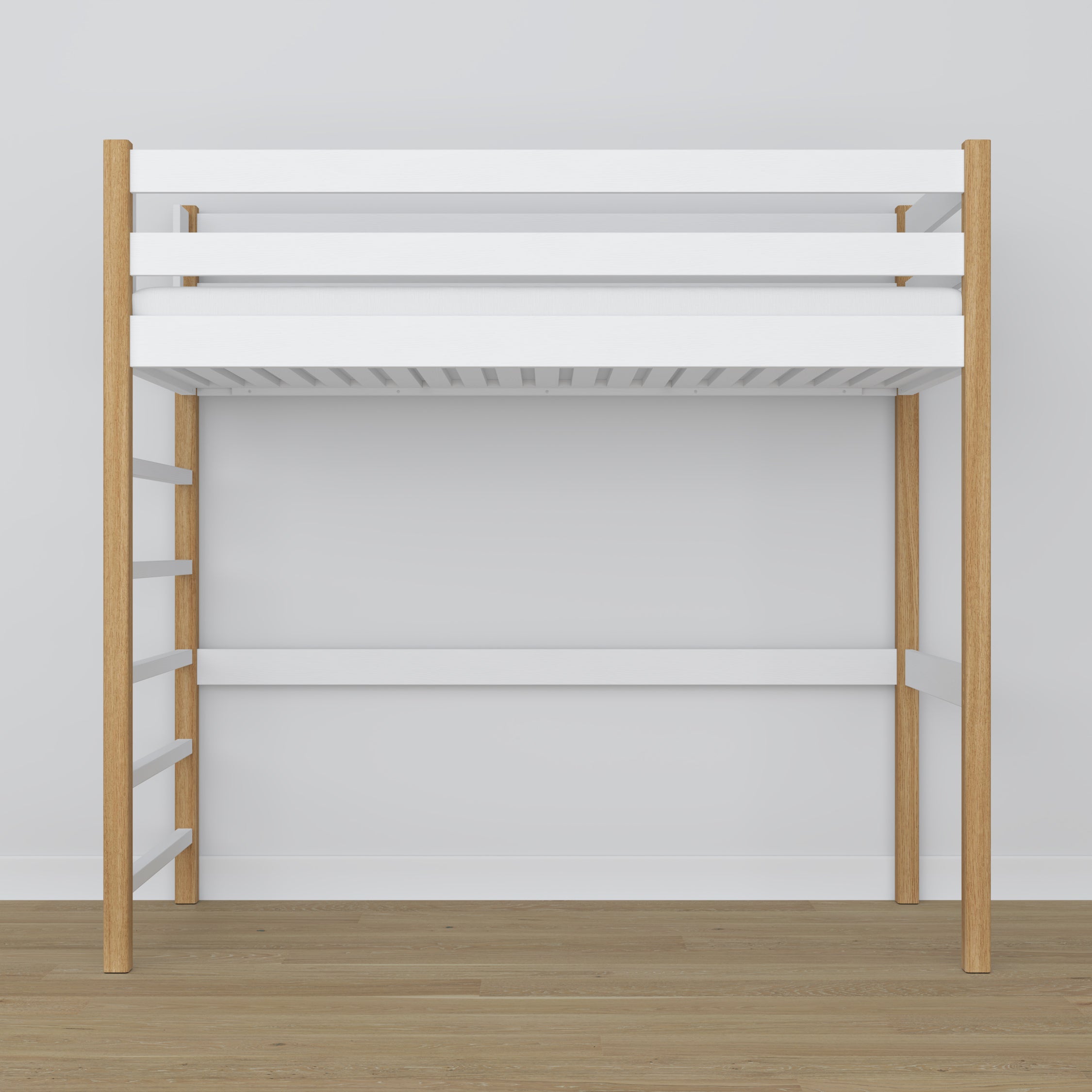 Loft bed white/oak wooden – top view of the sleeping area