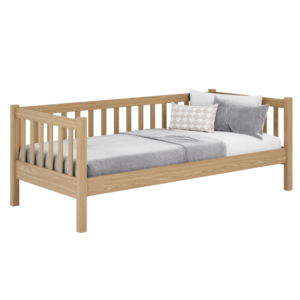 Łóżko sofa dębowe dąb naturalny – widok boczny, bryła i proporcje mebla