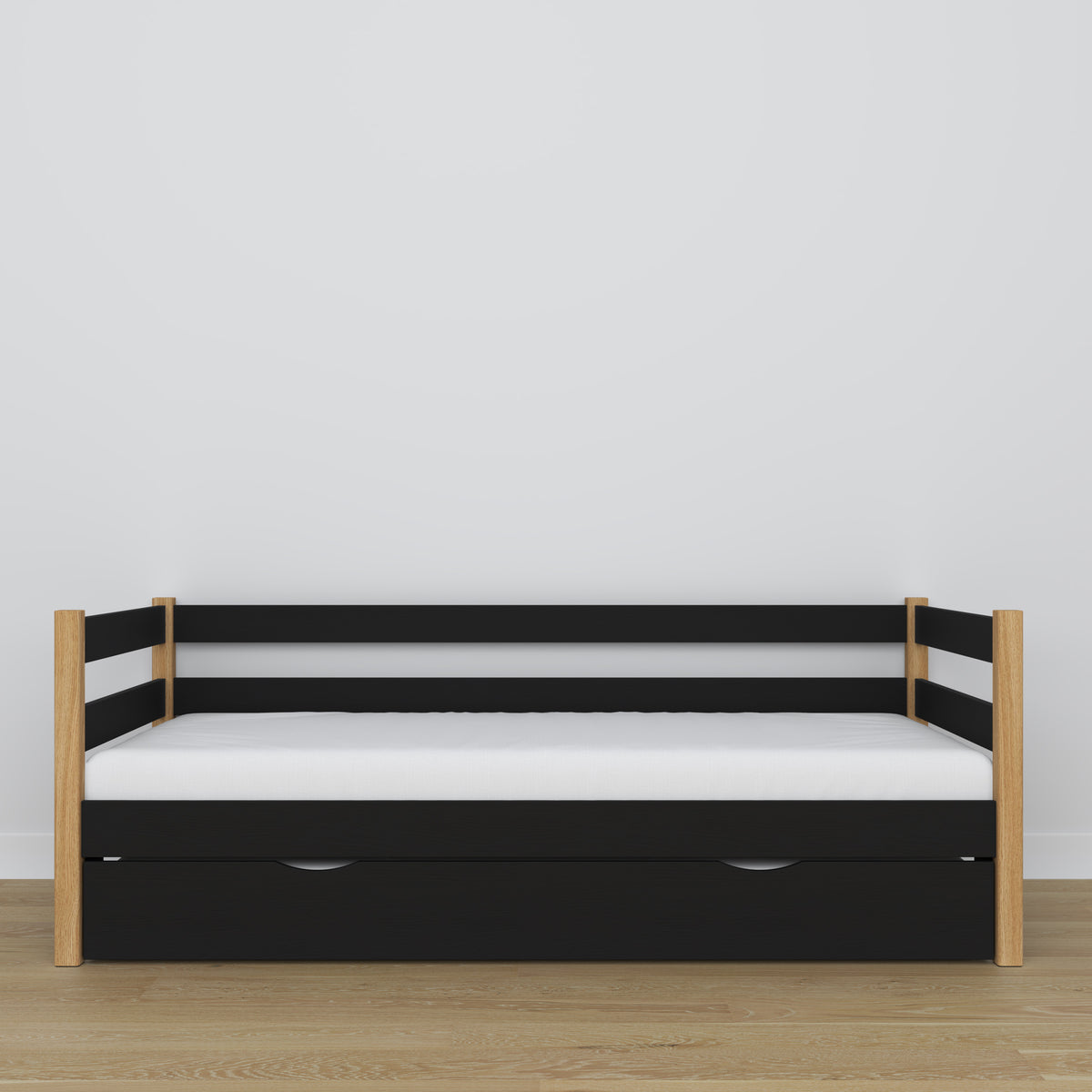 Łóżko sofa z szufladą na materac czarno-dębowy z drewna – wymiary, Nizio