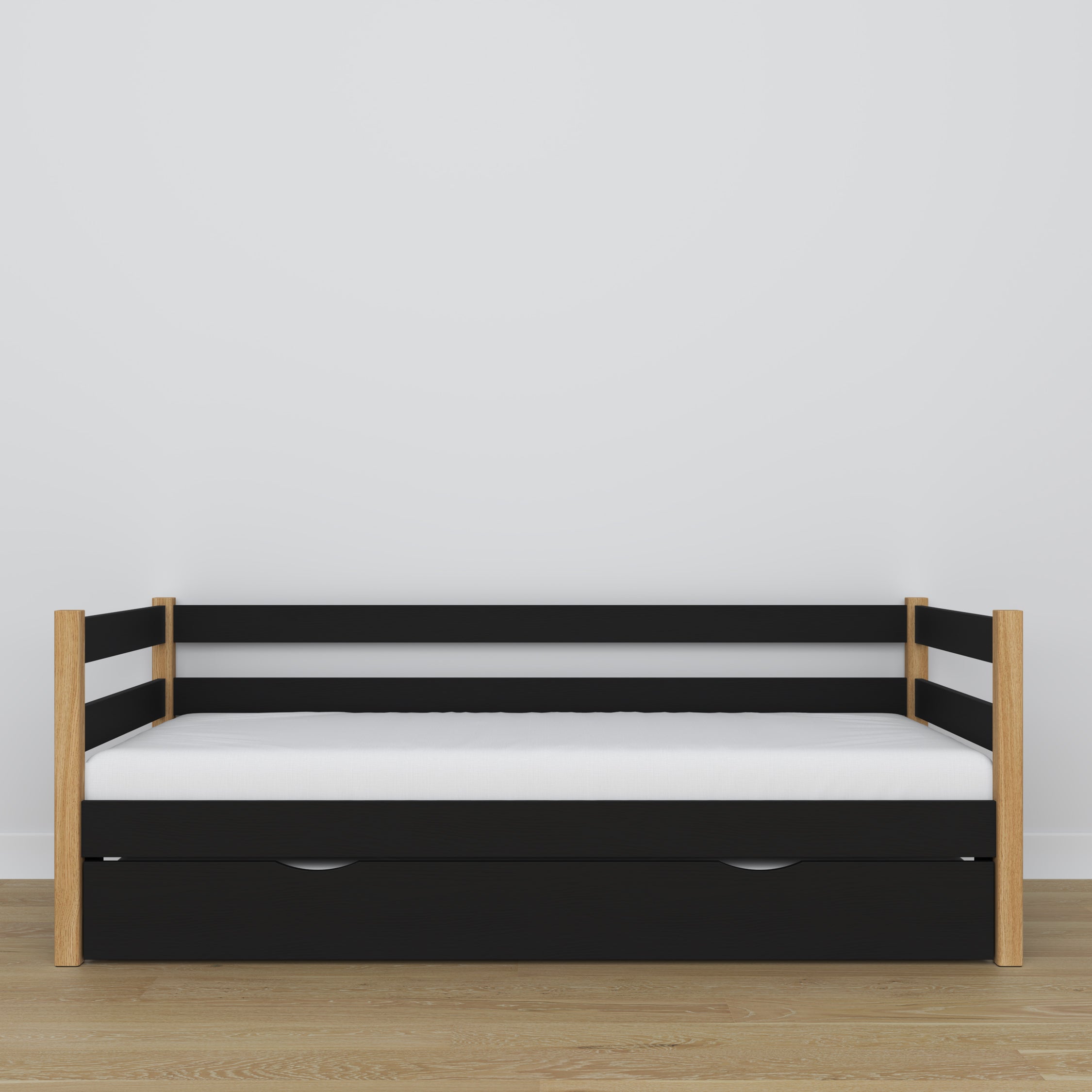 Łóżko sofa z szufladą na materac czarno-dębowy z drewna – wymiary, Nizio