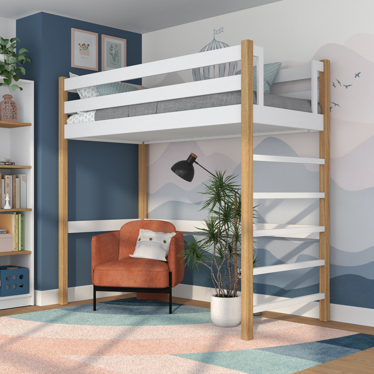 White and Oak Wooden Loft Bed – Free Space Under the Sleeping Area, Nizio