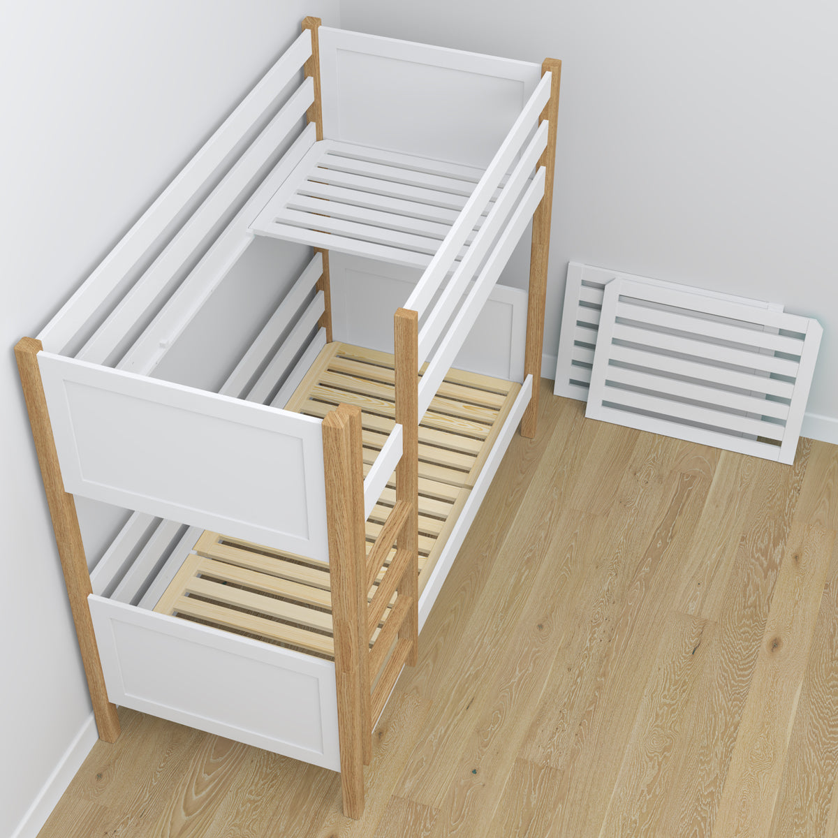 White and Oak Wooden Bunk Bed – Interior of Mattress Drawer, Children’s Room