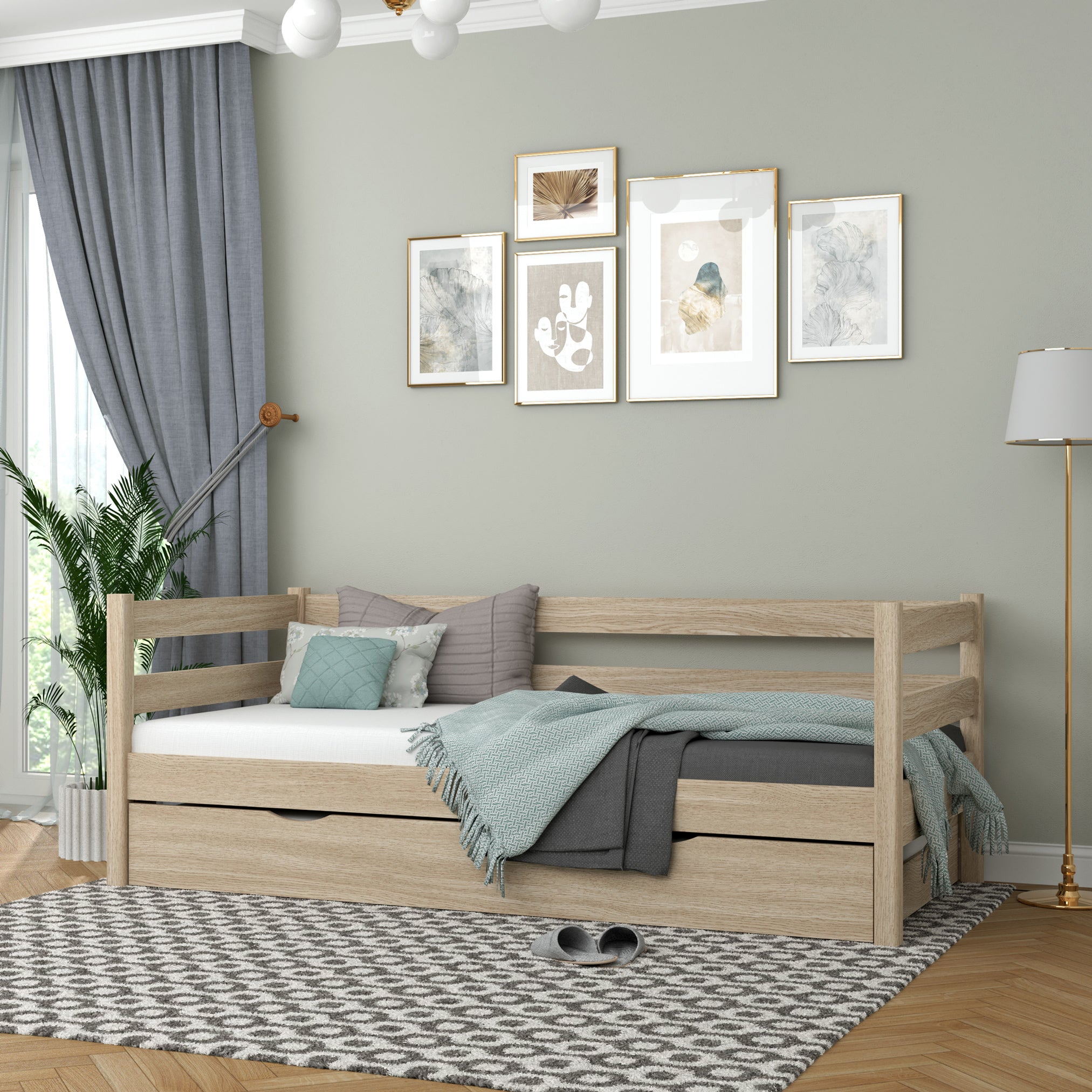 Łóżko sofa dąb bielony – boczna bariera dębowe, widok boczny, Nizio