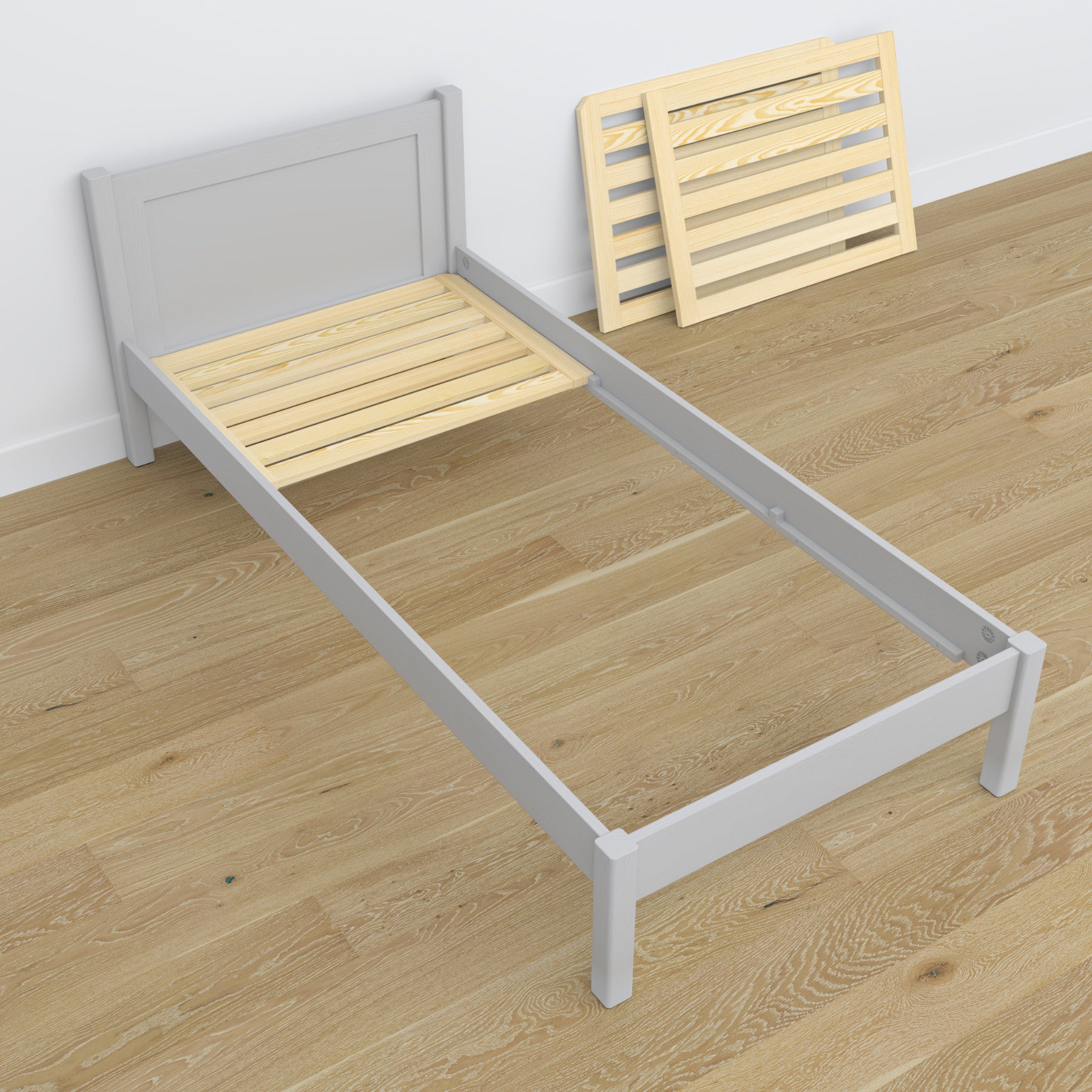 Wooden bed with drawer grey – headboard, close-up of wood quality