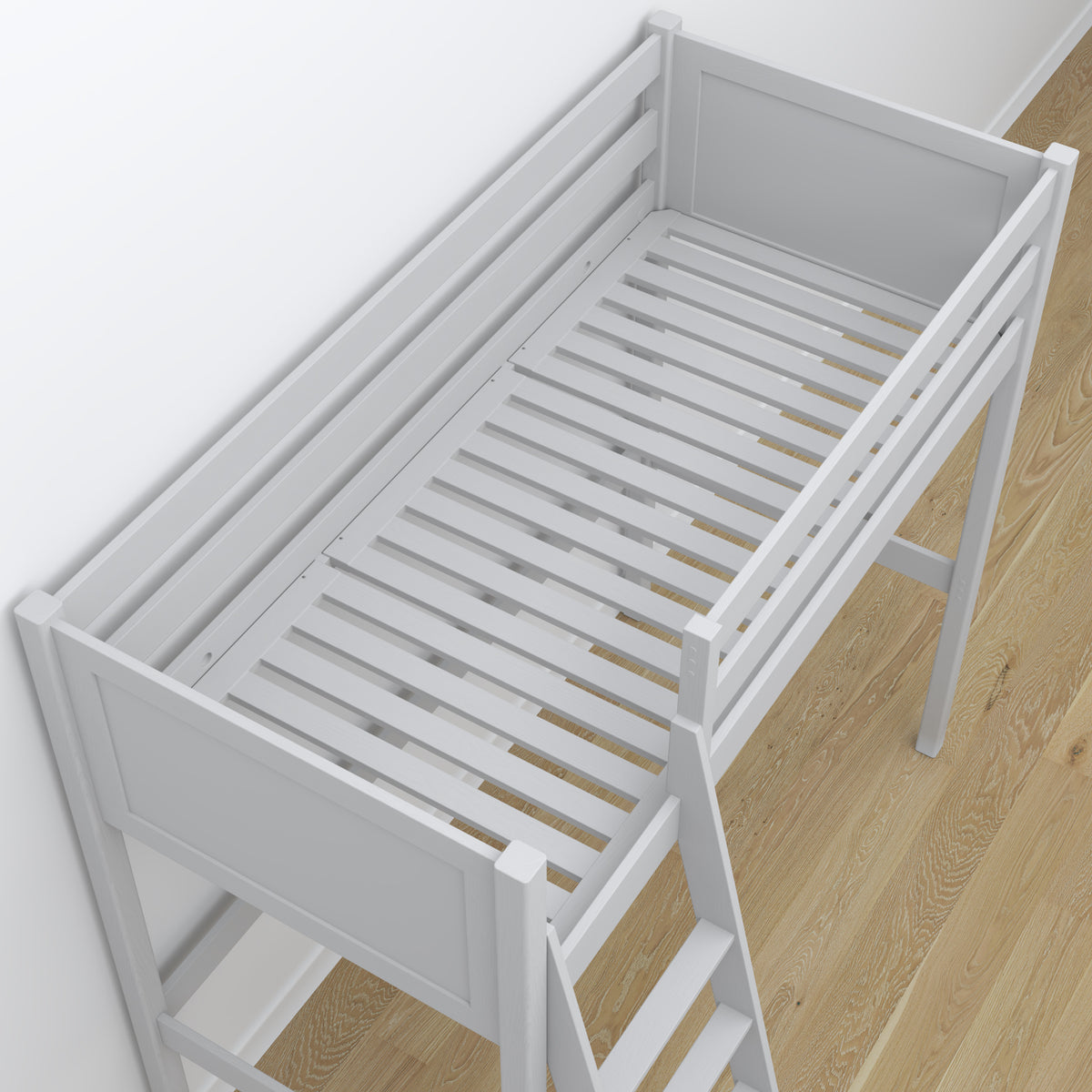 Loft bed grey in children’s room – scandi arrangement, wooden