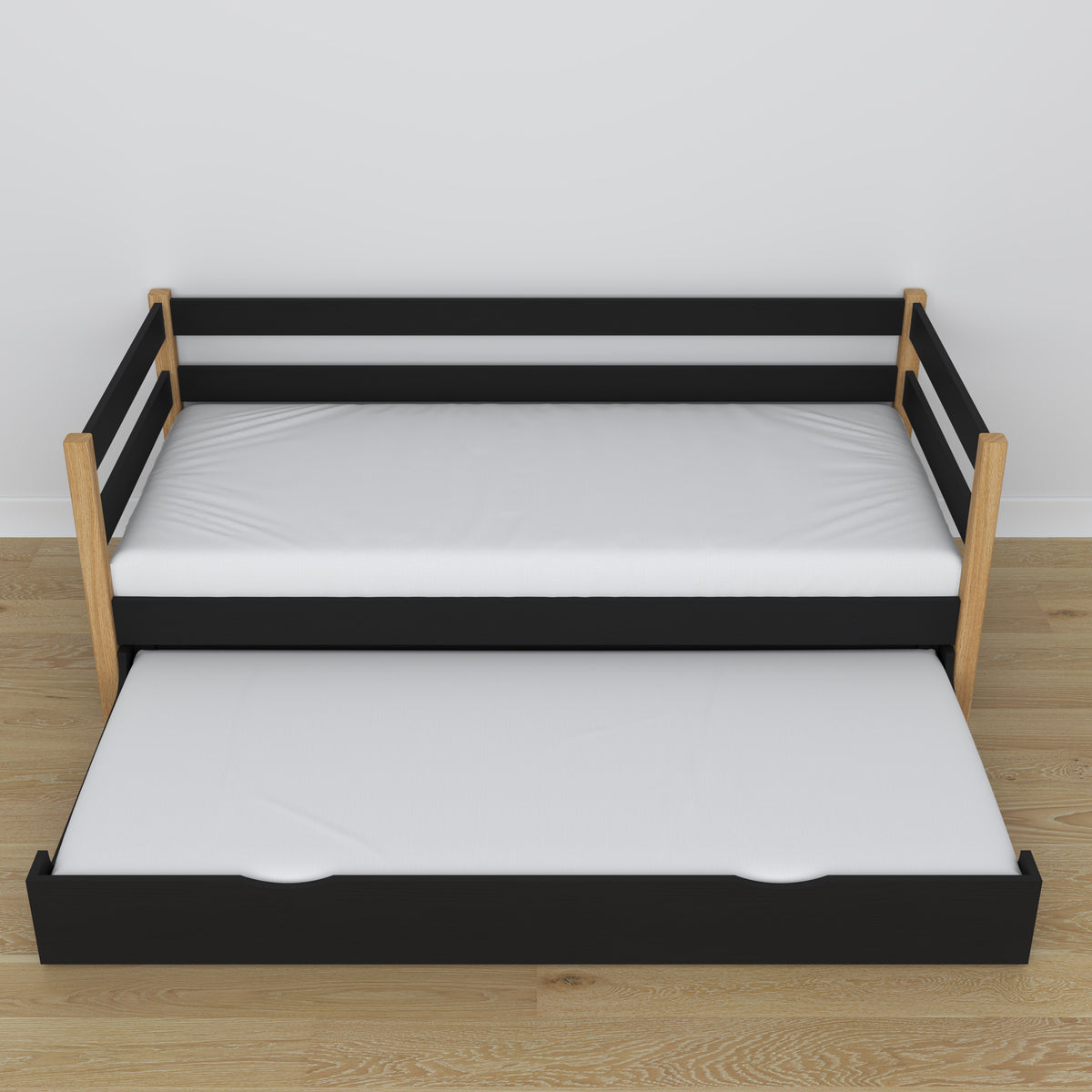 Łóżko sofa z szufladą na materac czarno-dębowy z drewna – wymiary, Nizio