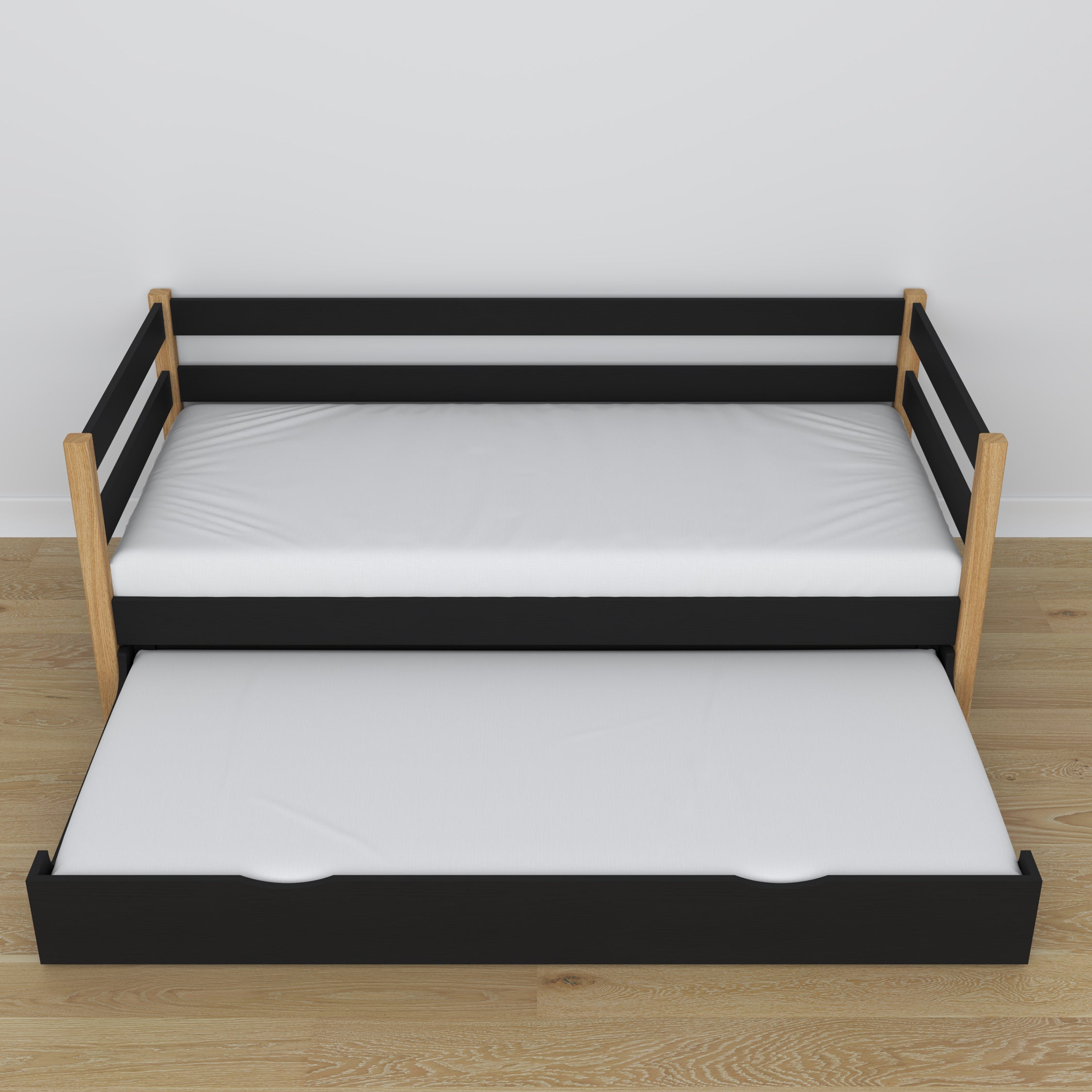 Łóżko sofa z szufladą na materac czarno-dębowy z drewna – wymiary, Nizio