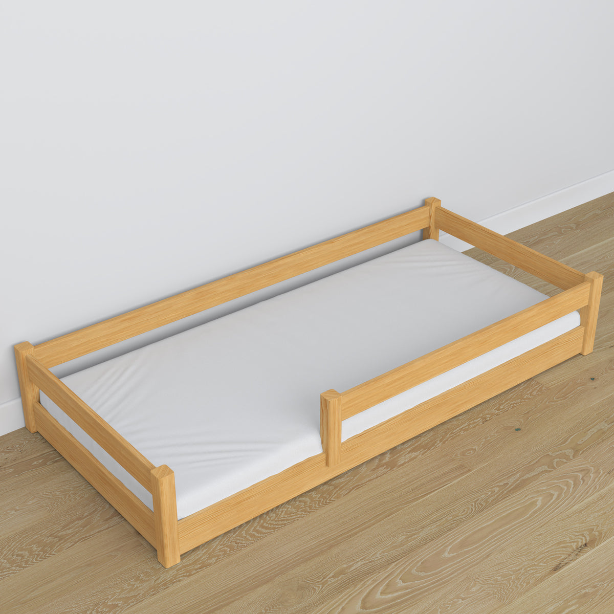 Łóżko niskie sosna naturalna w sypialni – aranżacja skandynawska, drewniane